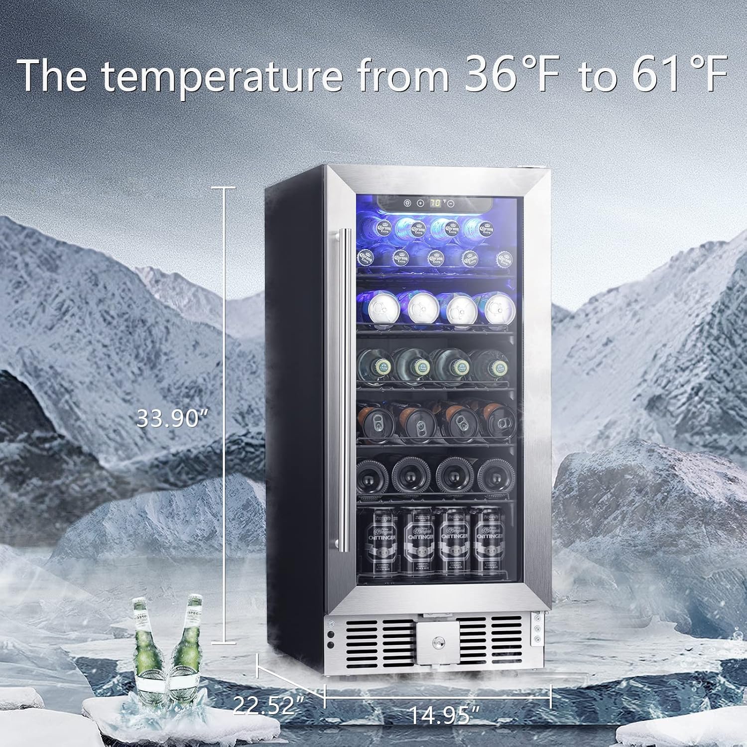 Antarctic Star 2.9 Cu.Ft Beverage Refrigerator,115 Can Beer Soda Wine Cooler, Low Noise, Transparent Glass Door, Stainless Steel LED Light, Safety Lock for Home and Bar, 15 Inch