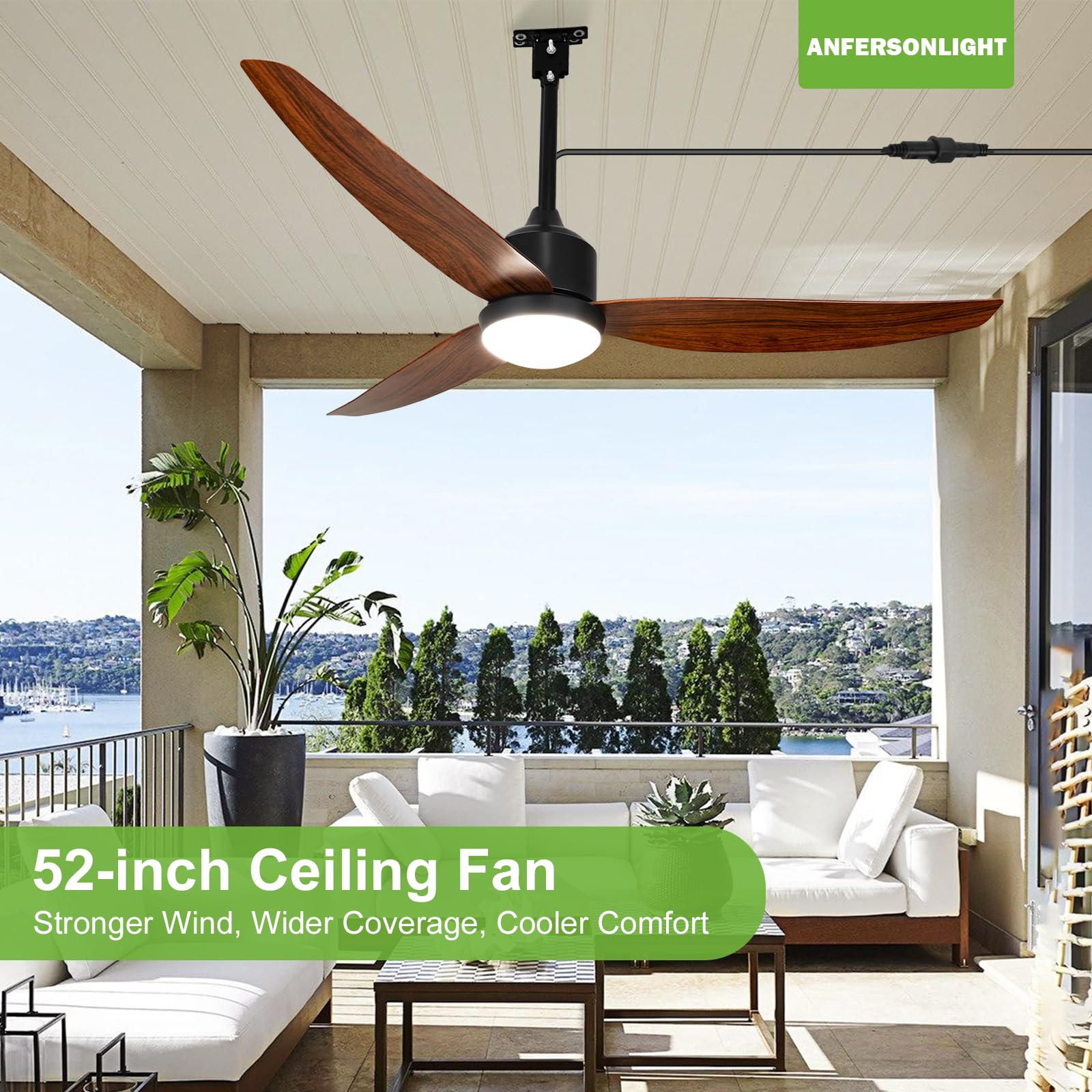 Ventilador de techo exterior con luz y mando a distancia, 132 cm, con 3 alas para tienda de campaña, motor CC impermeable, 6 velocidades reversibles, regulable, temperatura