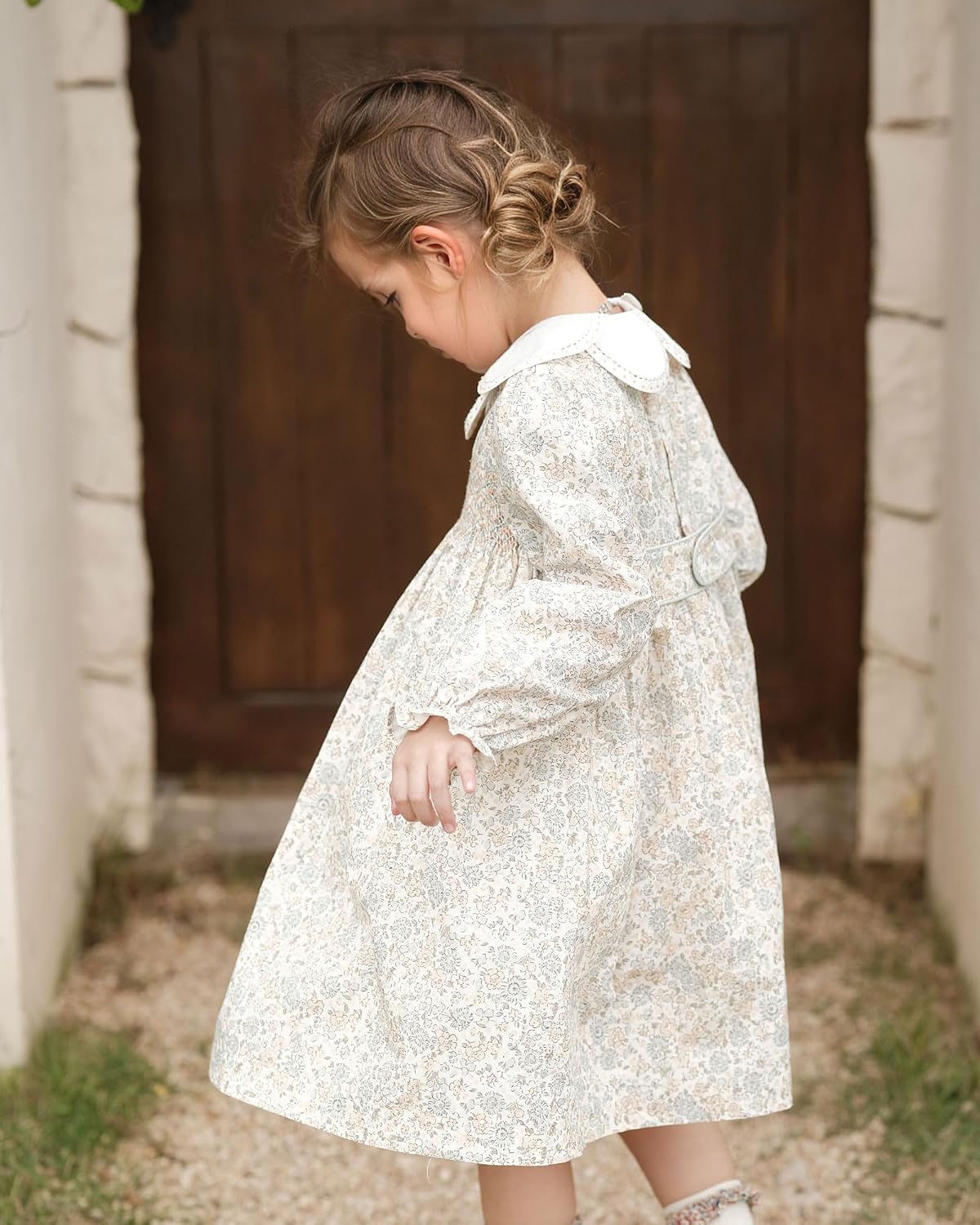 Twoflower Toddler Baby Girl Smocked Dresses with Flower Collar|Floral Print Long Sleeve Ruffle Dress with Belt