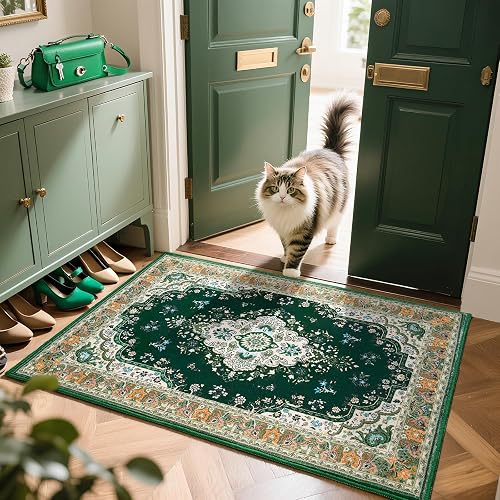 HOMORE 2x3 Area Rug Small Green Rugs for Bedroom, Washable Rug for Entryway | Vintage, Non Slip, Low Pile Indoor Doormat for Entance Kitchen