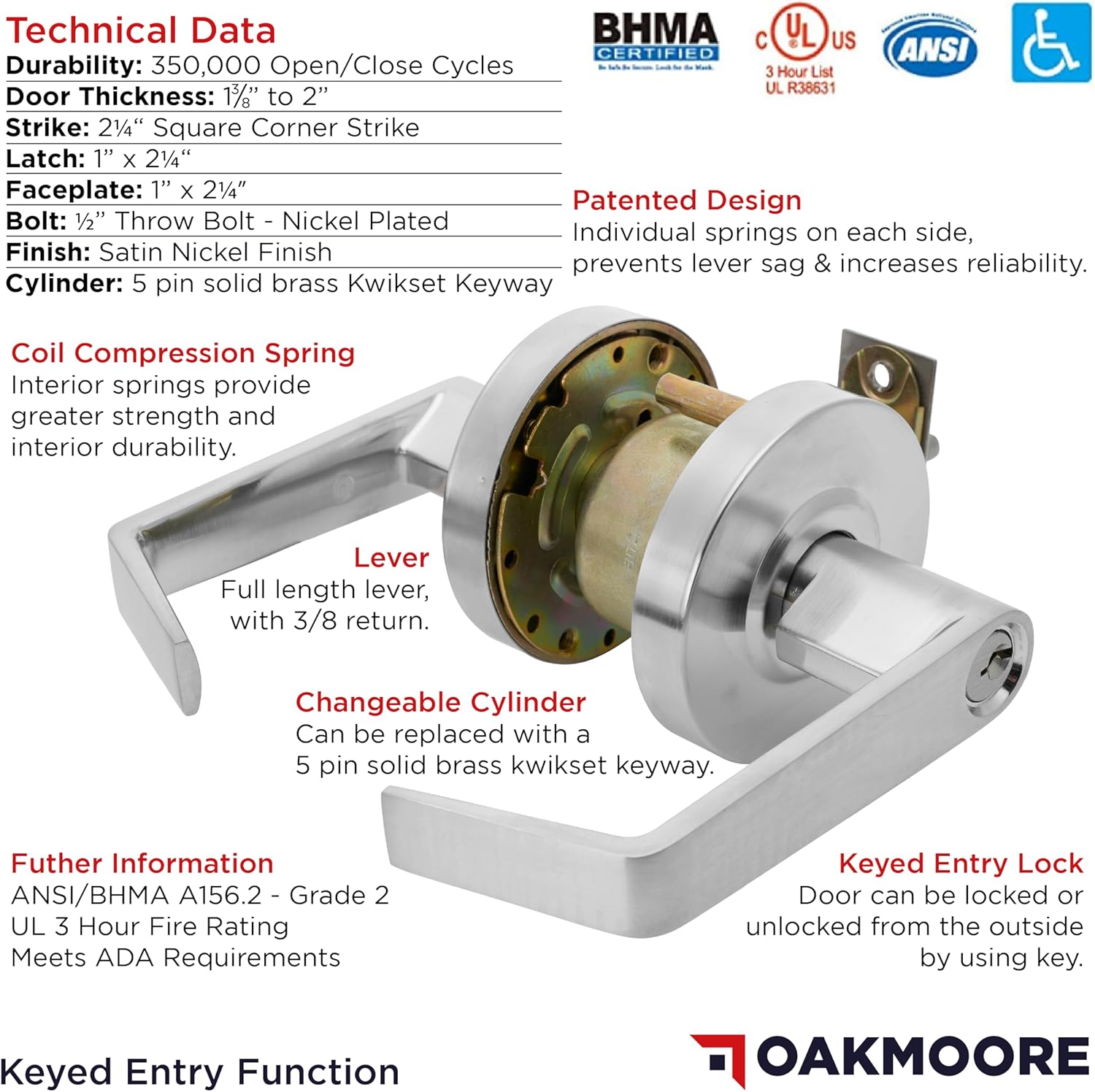 Commercial Door Handle Locks | Heavy Duty Keyed Entry Grade 2 Knob for Office, School & Industrial Use | UL CUL & ADA Certified | Satin Finish | ANSI A156.2 | Entry Doors Lockset