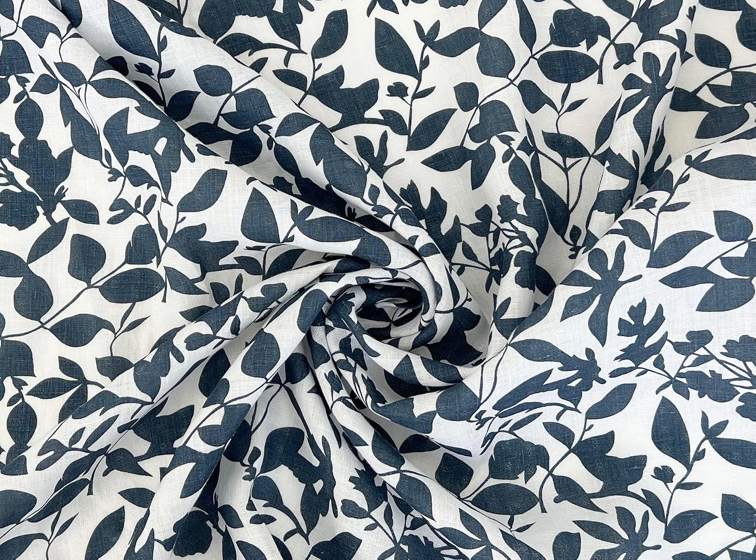 Navy Botanical Leaf Print on White Dobby Linen – 100% Linen, Lightweight 8191 Navy