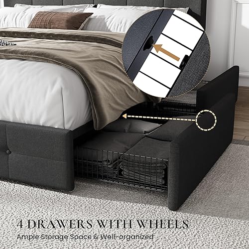 Miniatura 5 de SHA CERLIN - Marco de cama tapizado tamaño queen con plataforma, con 4 cajones de almacenamiento, cabecera ajustable con diseño de botones cosidos