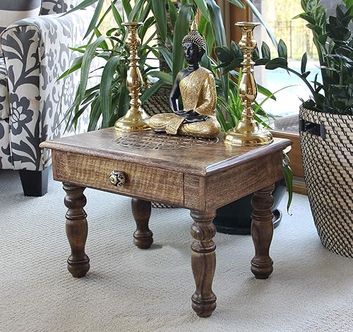 Miniatura 41 de DharmaObjects Mesa de meditación de altar del santuario de Puja tallada a mano de madera maciza de mango (flor de vida) Flower of Life,OM,Árbol de