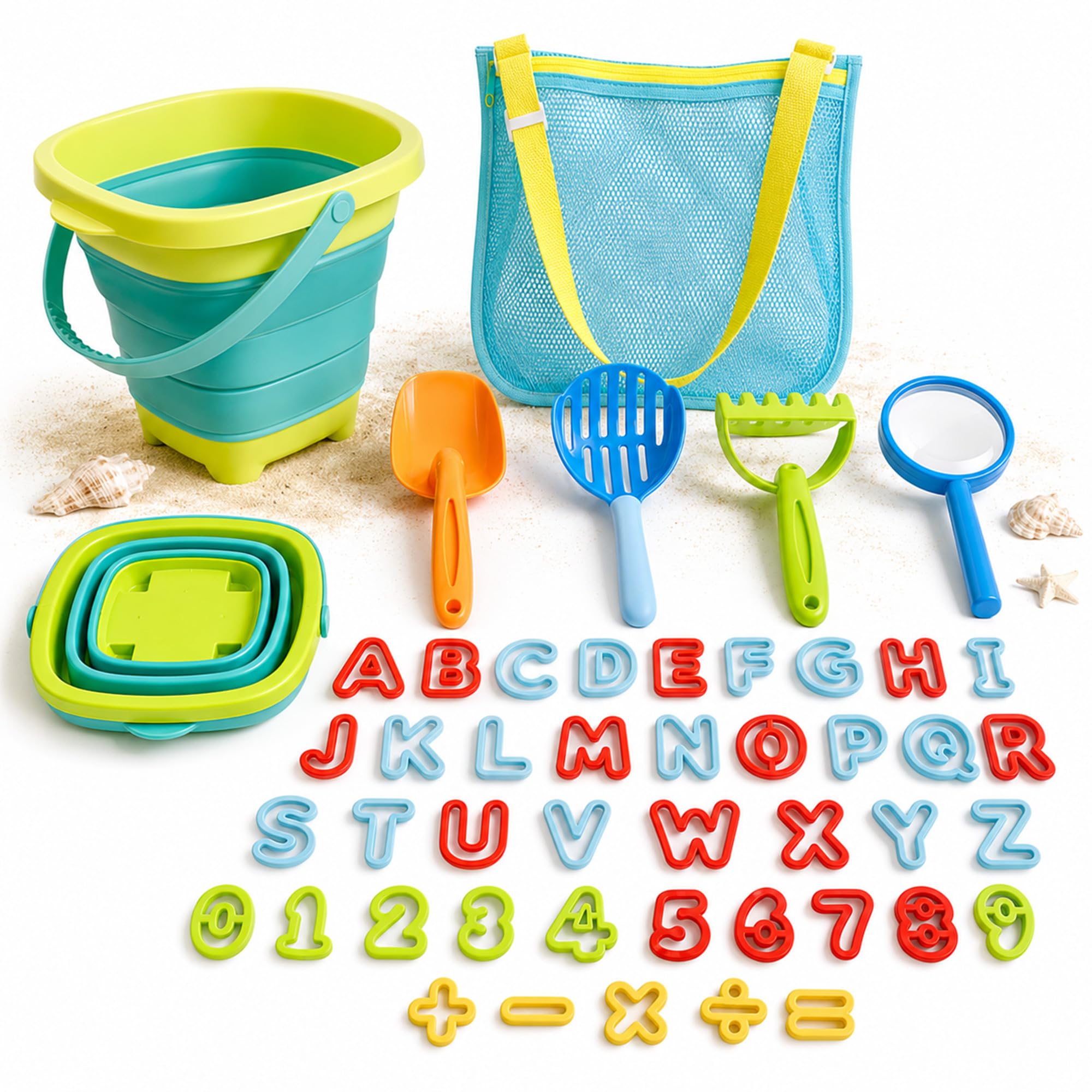 AORCMITN 47pc Collapsible Beach Toys for Toddlers Kids ，Educational Sand Toys with Letter & Number Molds, Collapsible Bucket, Magnifying Glass, Mesh Bag -Travel Sandbox Toys for Boys Girls Age 3-10