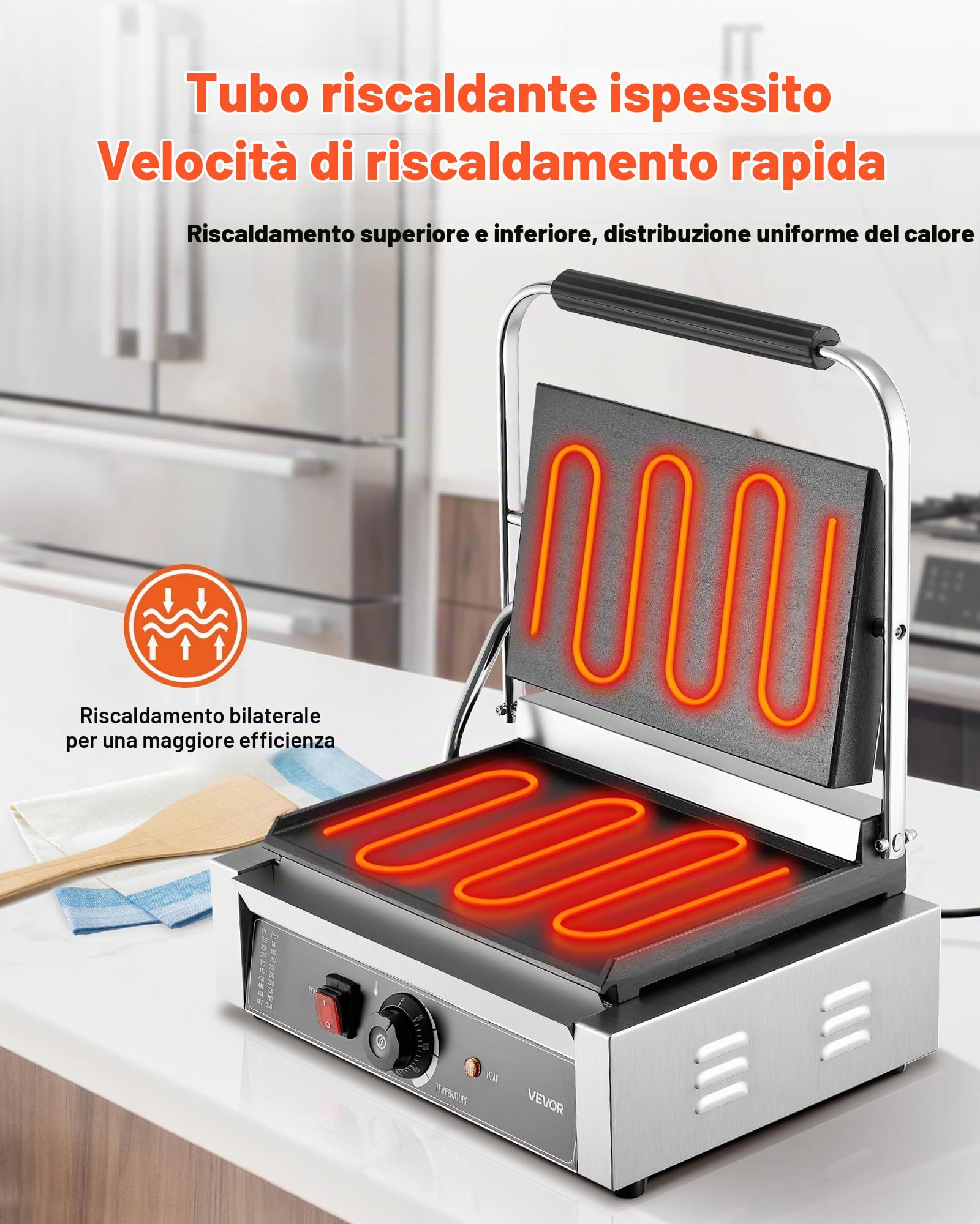 VEVOR Griglia Elettrico per Panini 2200W, Piastra per Panini con Piastra Smaltata Piatta da 34,2x23,5 cm, Sandwich in Acciaio Inox, Maniglia Controllo della Temperatura