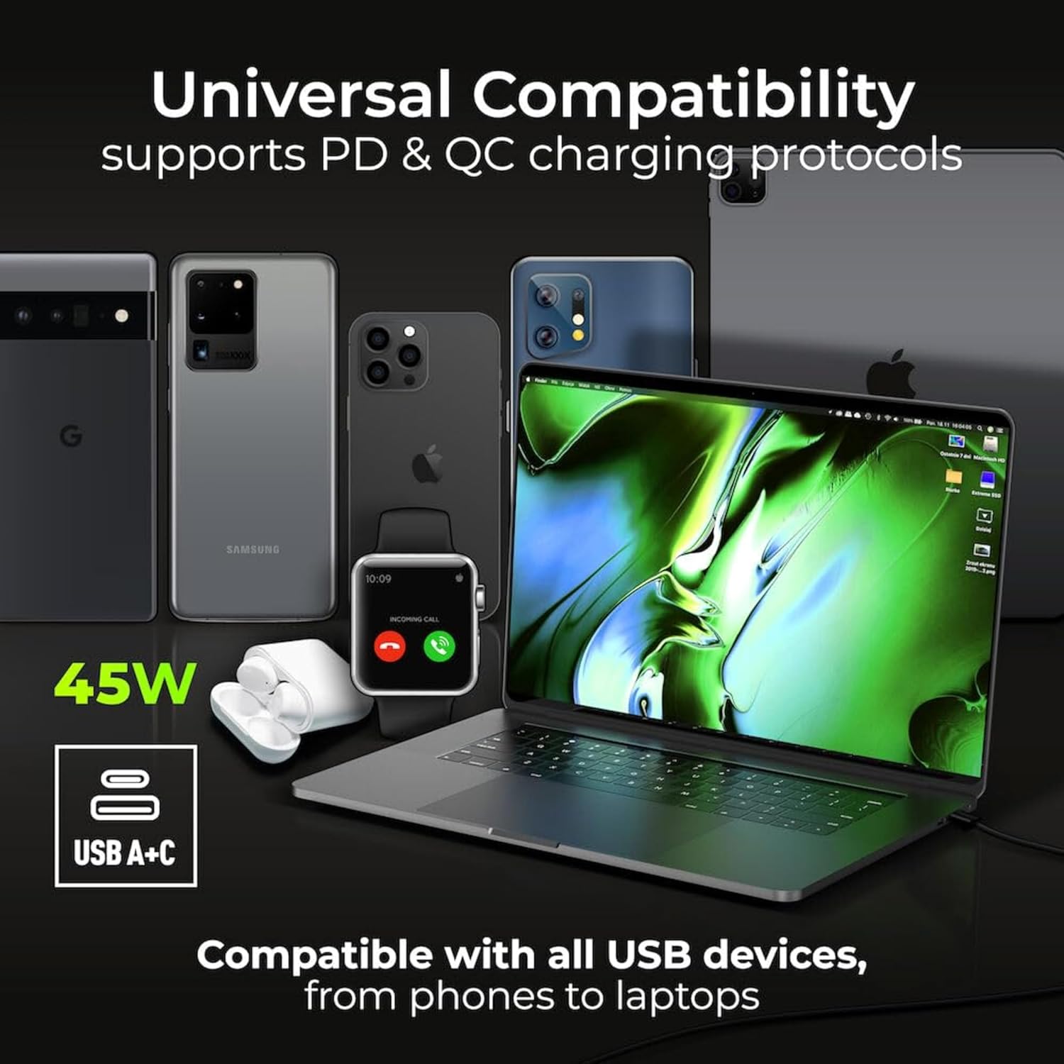 Various devices (phones, smartwatch, laptop) demonstrating universal USB compatibility.