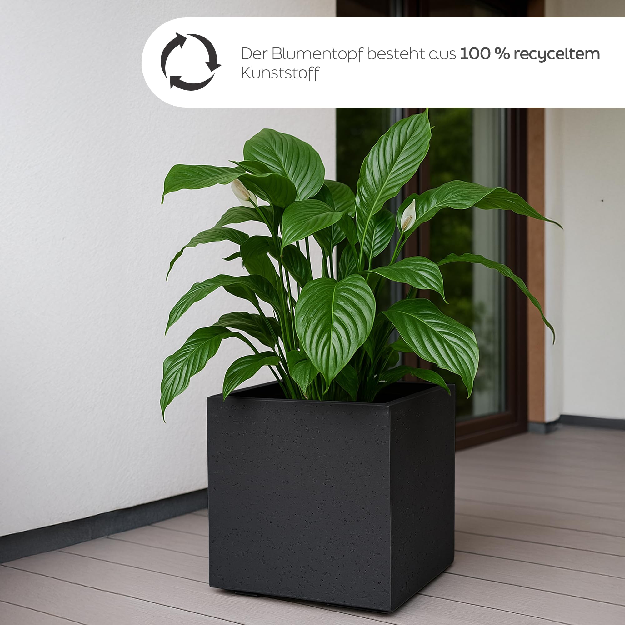 KONZEPT Grand pot de fleurs sur roulettes, en matériau 100 % recyclé, 30 x 30 x 30 cm, pour l'intérieur et l'extérieur, carré, noir, aspect béton, mobile, idéal pour le jardin, la terrasse, le balcon