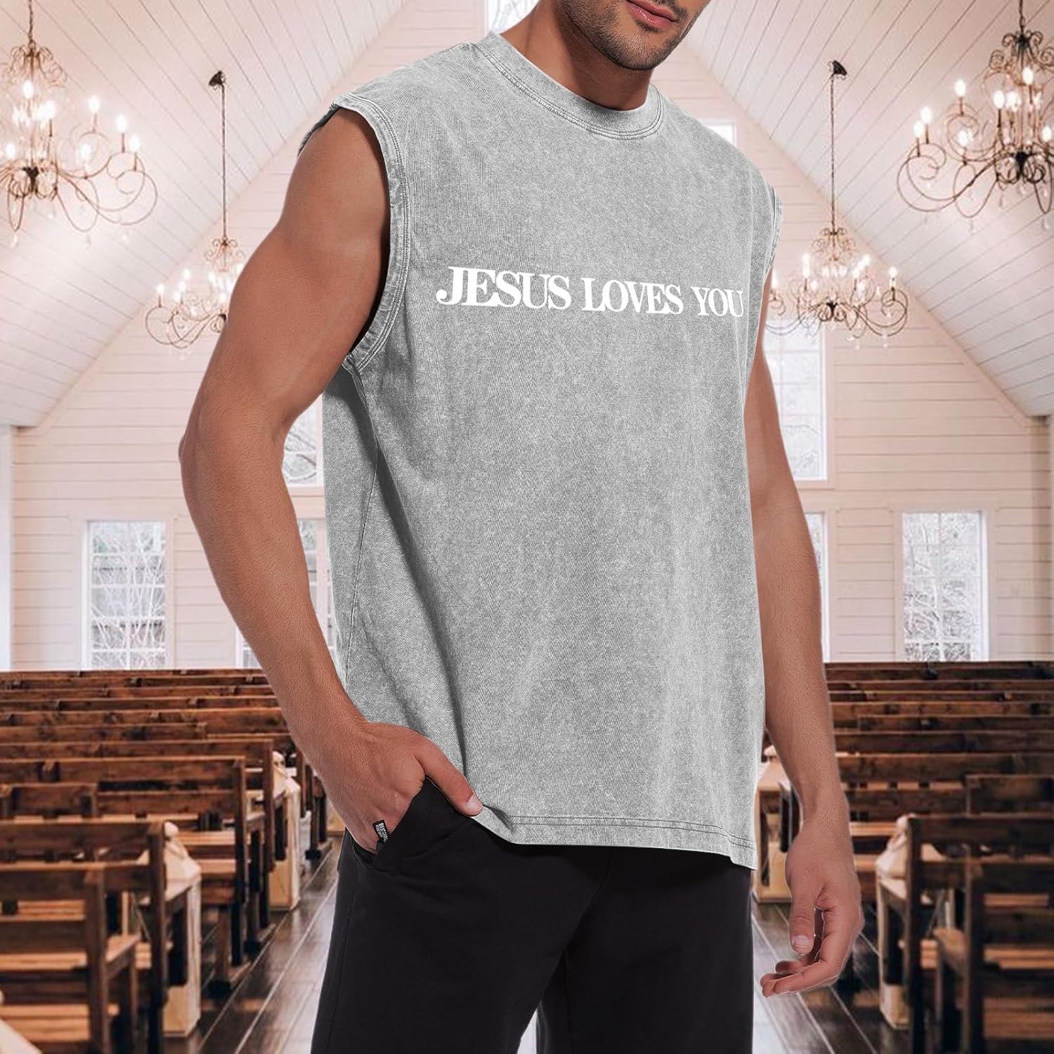 Jesus Loves You Mens Graphic Tank Tops Christian Sleeveless Cut Off Muscle Shirts Gym Workout Tank Acid Wash Tshirt - Image 4