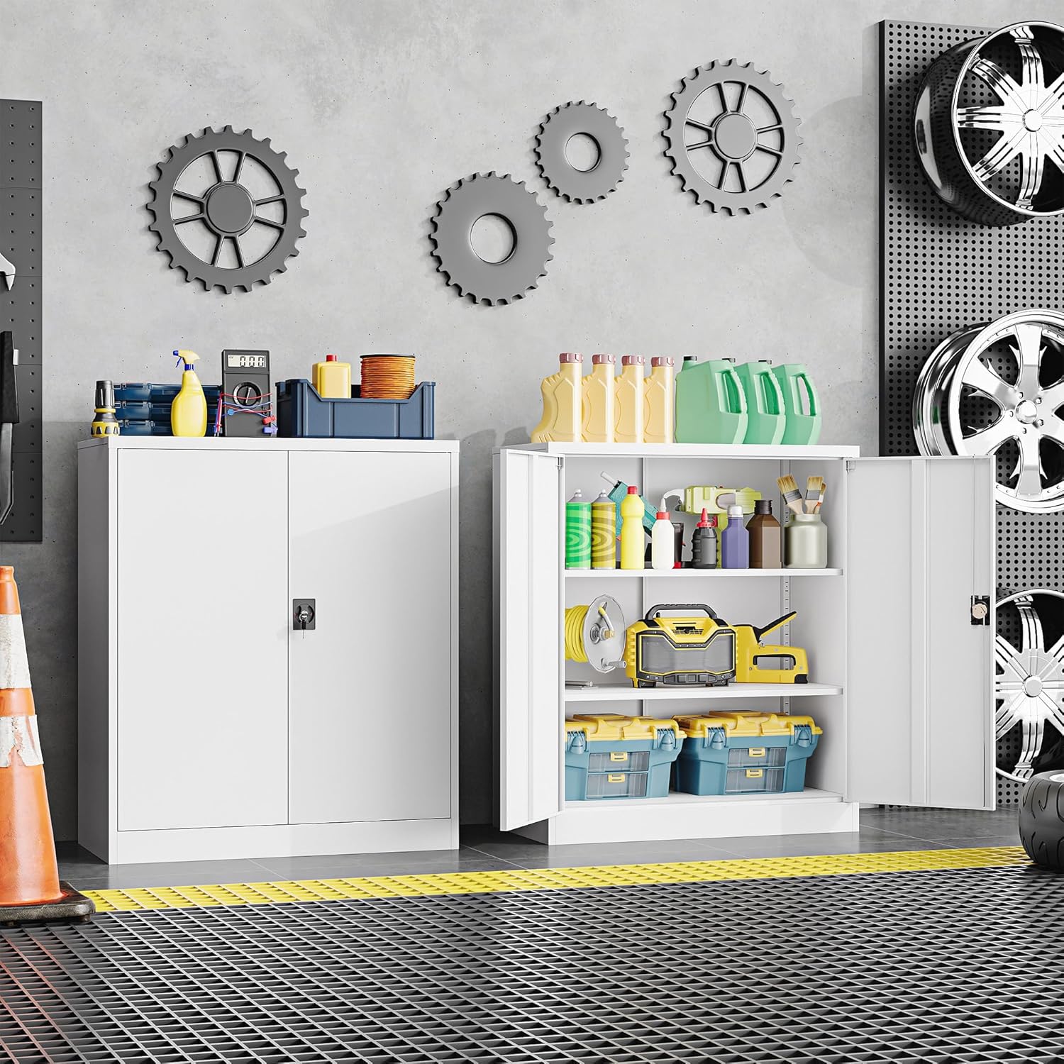 Metal Storage Cabinet，Garage Storage Cabinet with 2 Lockable Doors and 2 Adjustable Shelves, 36'' Steel Tool Cabinet for Garage, Office, Home, School(White)