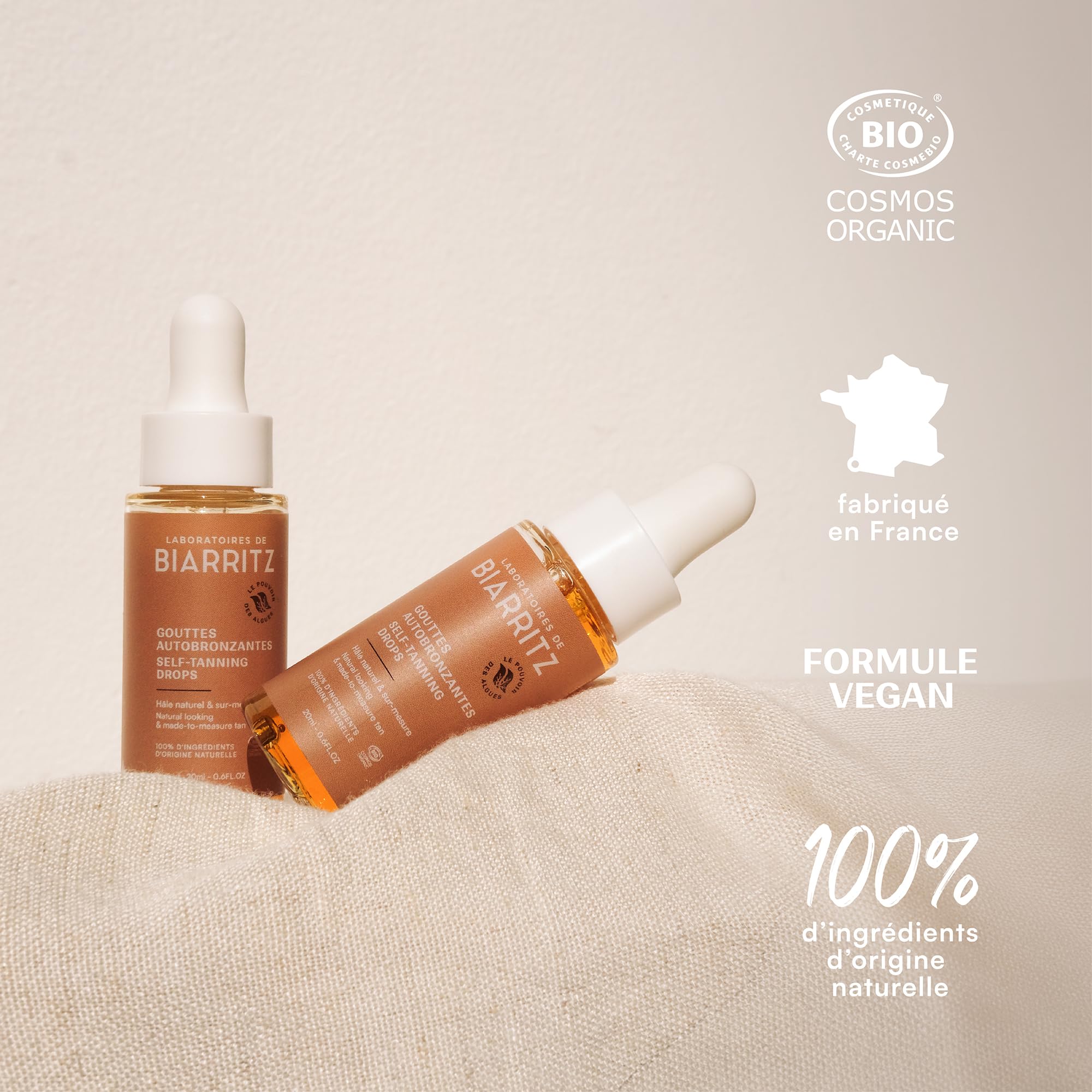 Laboratoires de Biarritz Gouttes Autobronzantes Certifiées Bio 20 ml | Visage et Corps, Teint Hâlé et Sur-Mesure, Certifiées Bio, Fabriquées en France