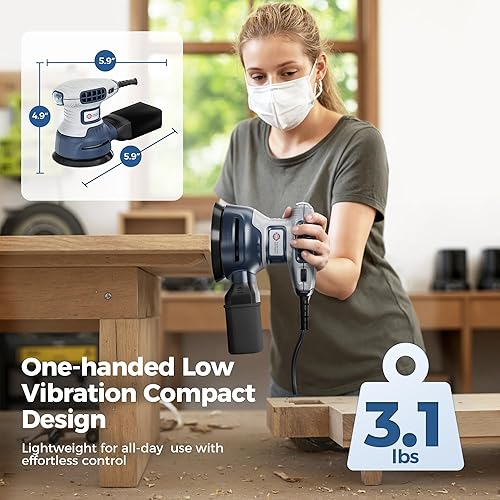 Miniatura 2 de Lijadora orbital aleatoria, 6 velocidades variables con bolsa de polvo, 360W, lijadora de mano de palma para carpintería, lijadora eléctrica de mano