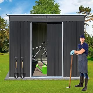 DHPM Backyard Storage Shed 6' x 8' with Sloping Roof Galvanized Steel Frame Outdoor Garden Shed Metal Utility Tool Storage Room with Latches and Lockable Door for Balcony