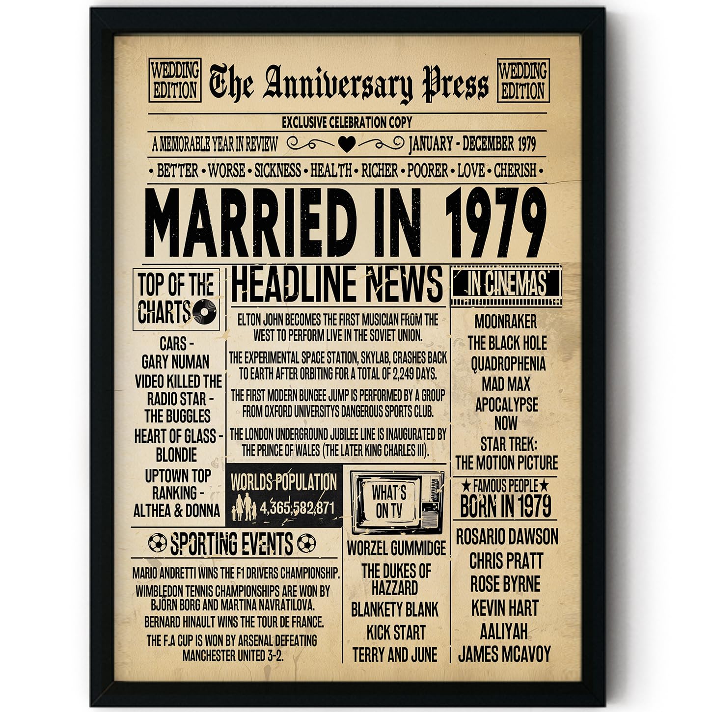 Stuff4 Men's 1979 47Th Anniversary Poster Framed - Married In Newspaper - 47 Wedding Anniversary For Wo Retro Vintage Gifts Back In 8X10 Inch Anniversaries Posters