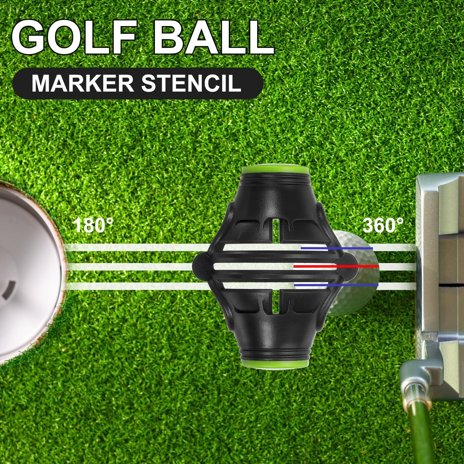 PATIKIL Plantilla para Marcar Bolas de Golf 360 Grados Herramienta de Marcado de Alineación Triple Track Negro/Verde