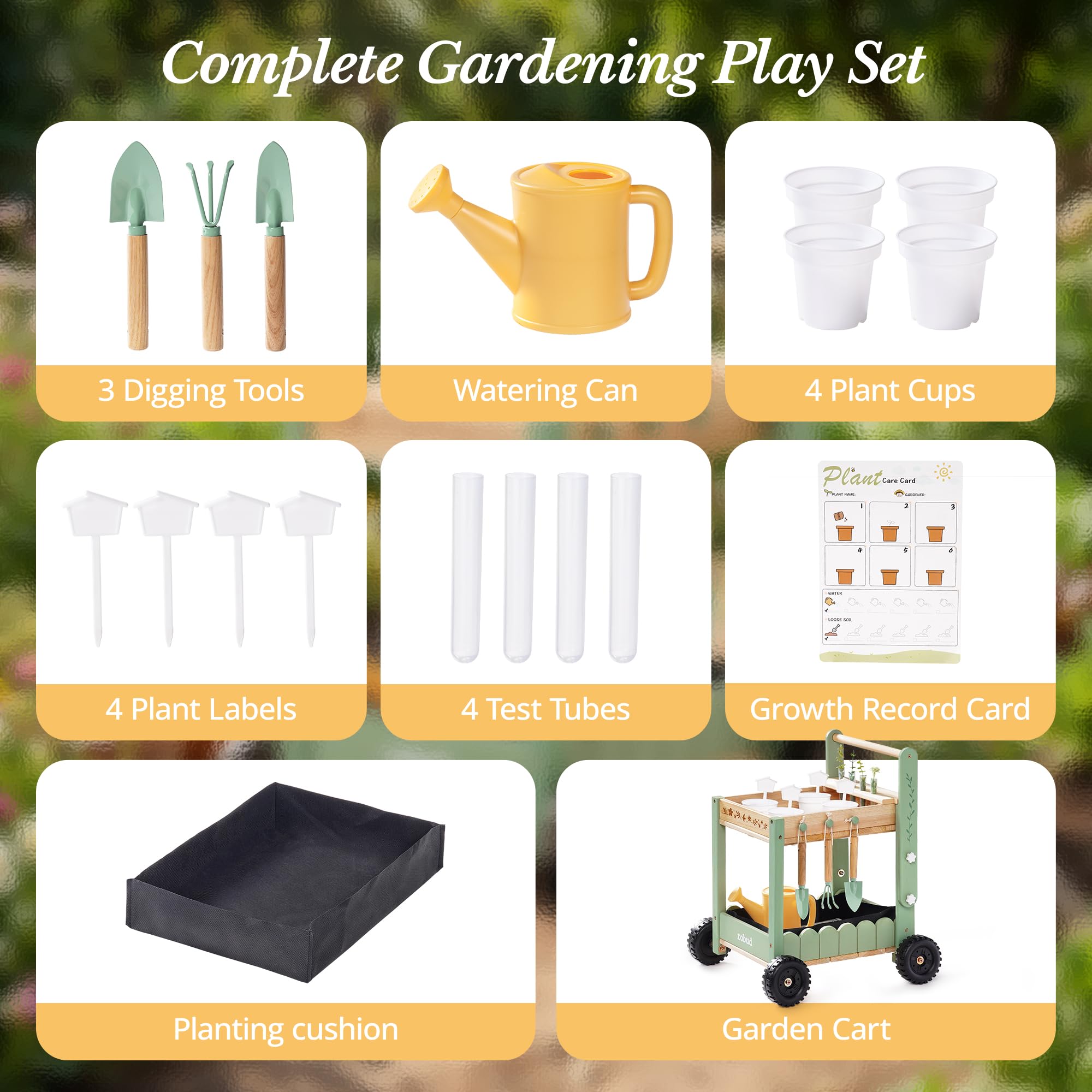ROBUD Herramientas de jardín para niños con carro de madera, herramientas de jardín con regadera, pala, rastrillo manual, macetas y tubos hidropónicos, juego educativo de jardín para niños y niñas a