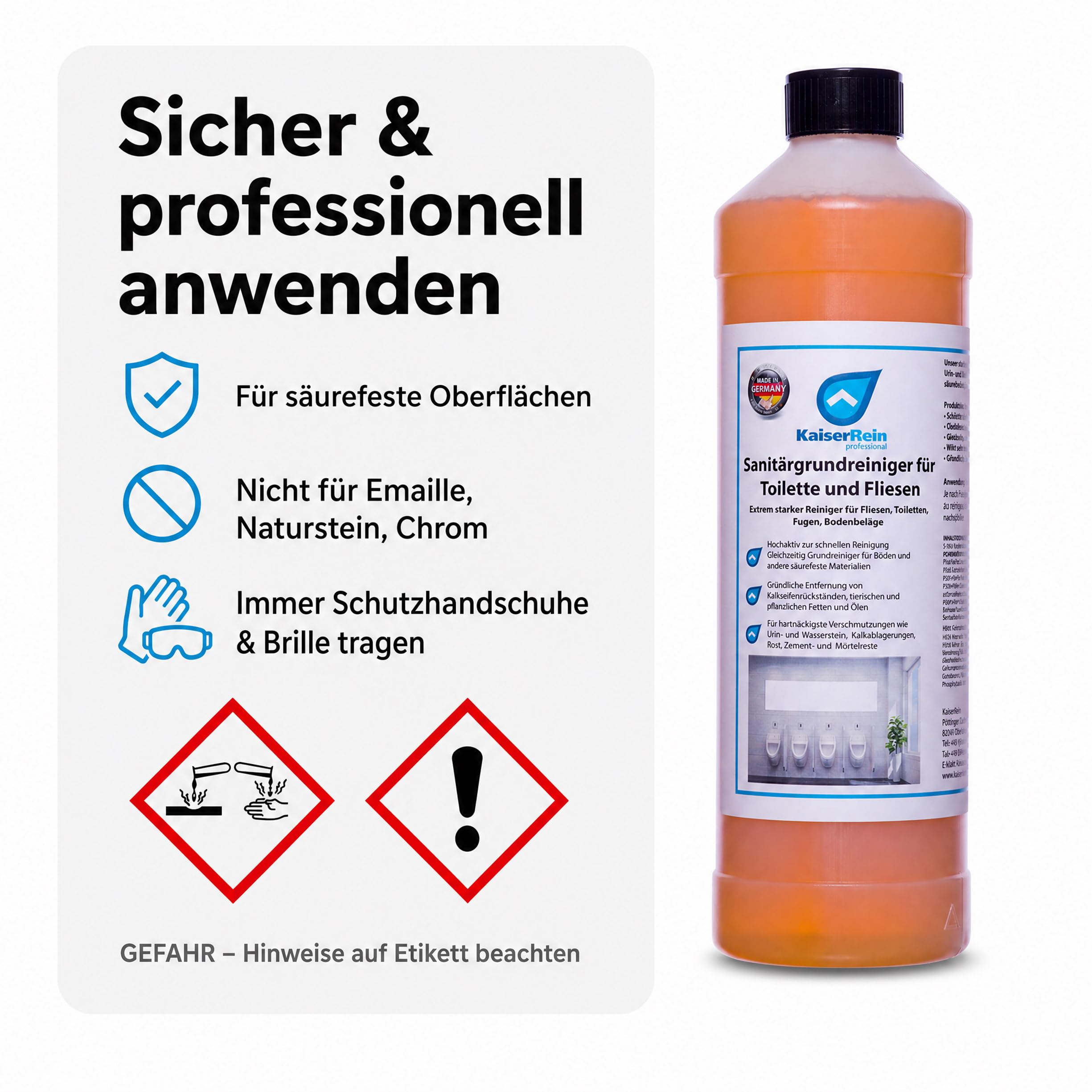 KaiserRein Urinsteinentferner Extra Stark, Sanitärgrundreiniger für Toilette und Fliesen, Toilettenreiniger extrem stark Profi-Sanitärreiniger gegen Kalk & Rost, 3 x 1 L, Made in Germany