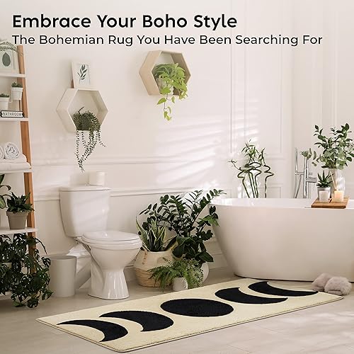 Miniatura 6 de Decozion Alfombra de baño Half Moon de 52.5 x 20.5 pulgadas, antideslizante, absorbente de agua, con diseño bohemio de brujería de fase lunar, color