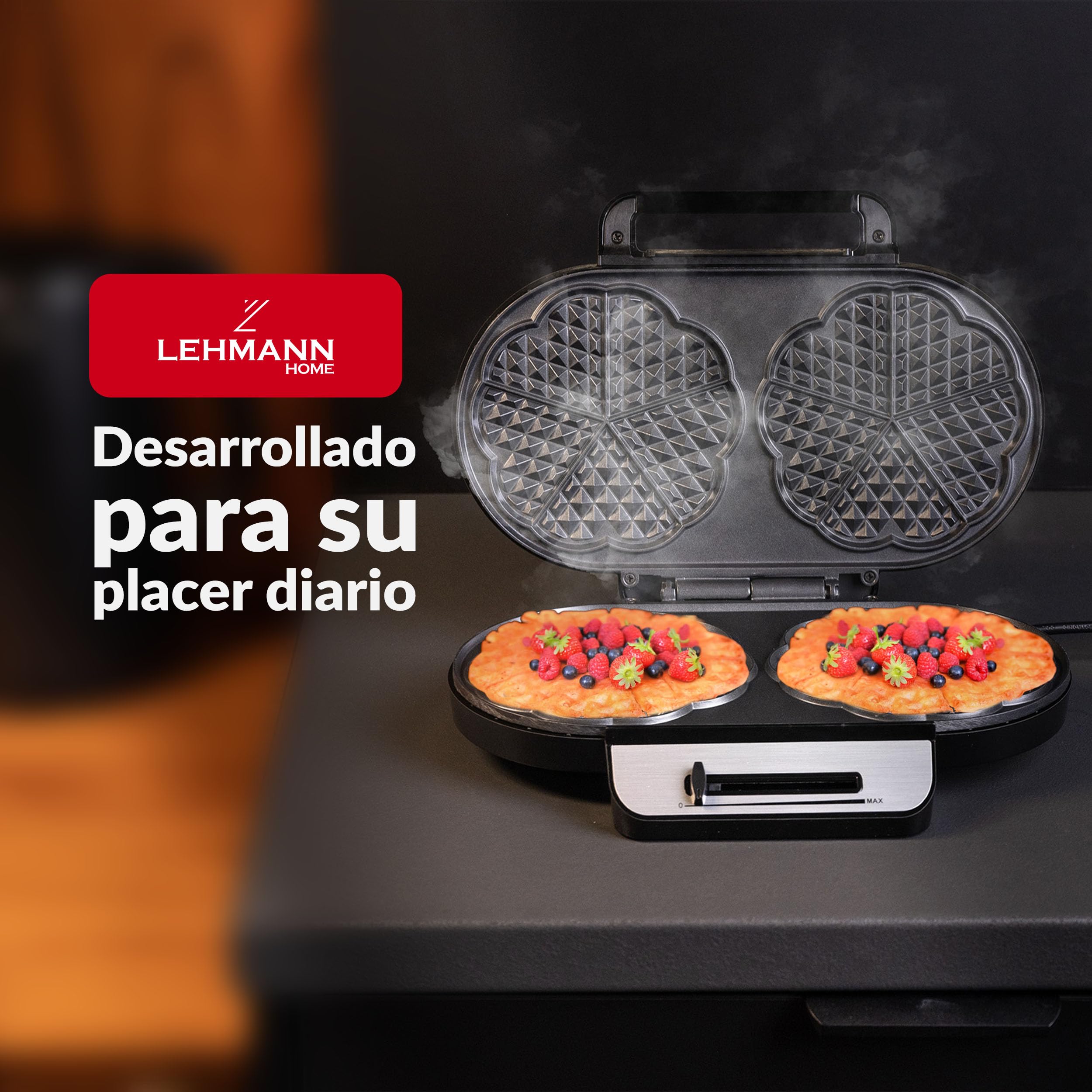 LEHMANN Gofrera Corazon Doble - Waffle Maker para 10 Gofres de Corazón Clásicos - Maquina de Gofres con 2 Superficies Antiadherentes - Control de Temperatura - 1200 W - Negro/Plateado