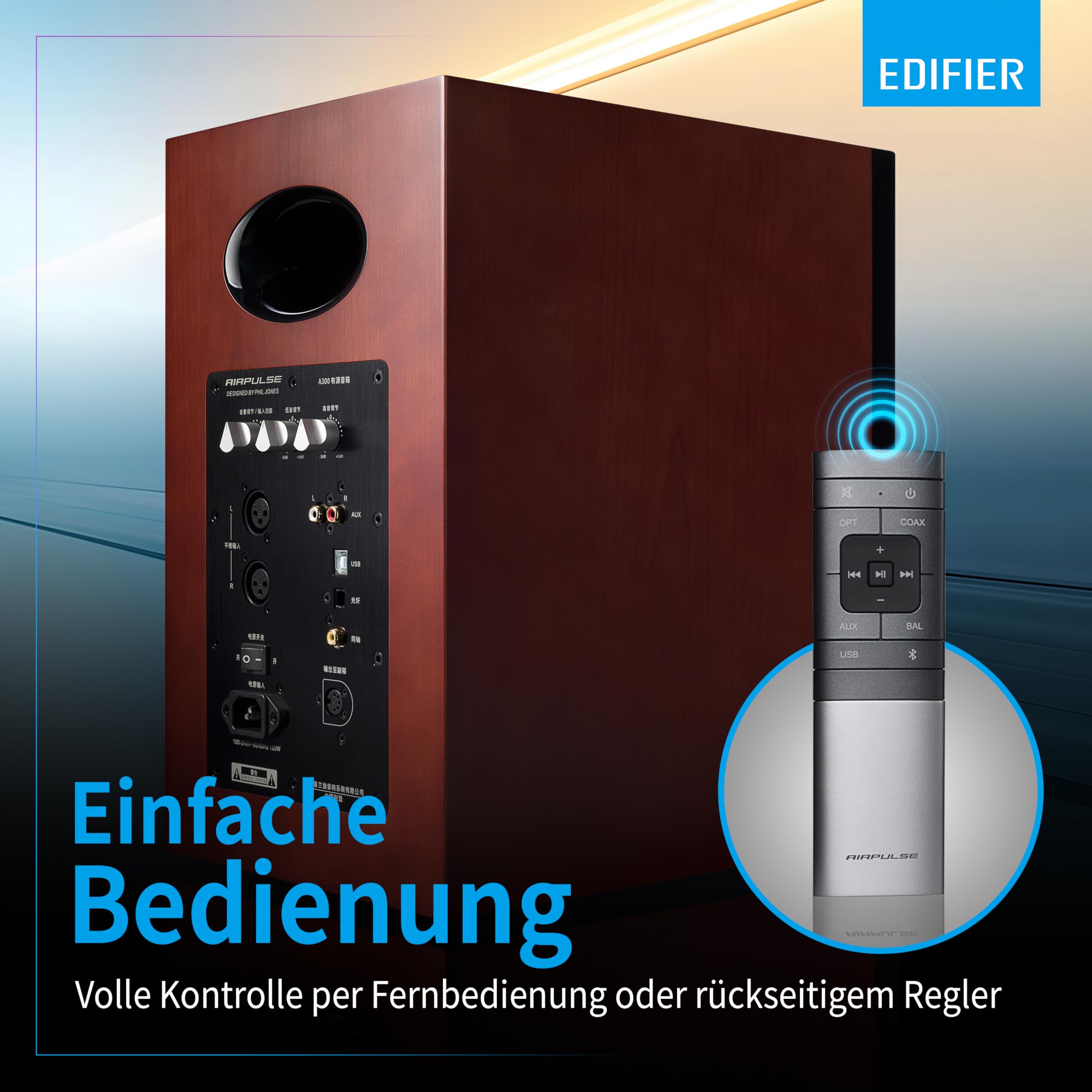 EDIFIER AIRPULSE A300 - 2.0 Studiomonitore (160W) mit Bluetooth V5.0 (aptX), Bändchen-Hornhochtöner für präzise und klarste Höhen, vielseitige Anschlussmöglichkeiten, inkl. Fernbedienung