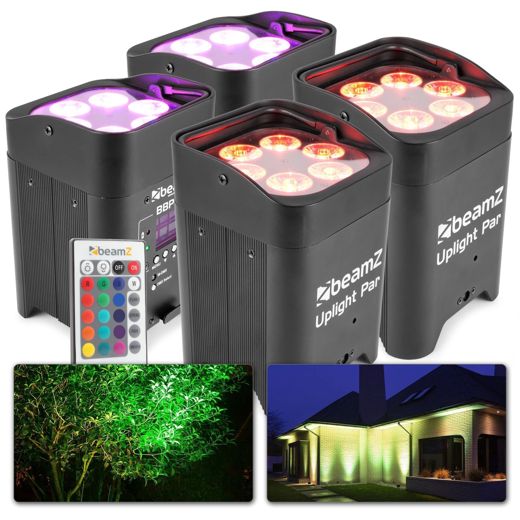 BeamZ BBP96 Uplight 4er Set Akku LED Strahler RGB AW-UV LED Par Spot. 6x12 Watt, Built-In WDMX-Receiver, 16h Akkubetrieb, 6,10 DMX Channels, 0-100% Dimmer, 7000LX, Eazy Link, LCD Display, Schwarz
