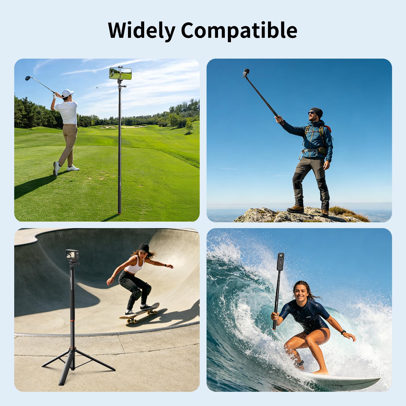 VRIG Palo selfie invisible de 160 cm/63 para cámara Insta360 X5/X4 Air/Osmo 360/AKASO 360/Xtra 360, poste de extensión telescópico TP-36 con adaptador GoPro y estaca oculta