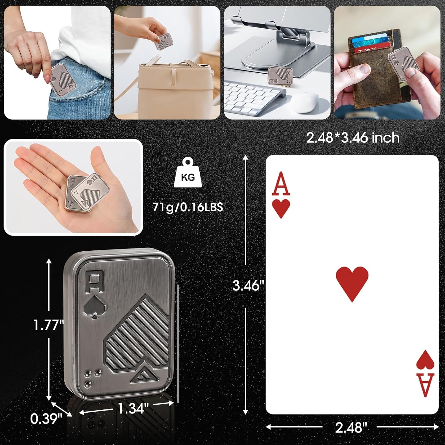 Fidget Slider, Metal Poker Push Card,Hand Spinners Toy, Fidget Clicker for Adults Teens, Relieve Stress Anxiety ADHD, Gift for Boyfriend, Husband and Father (Silver A)