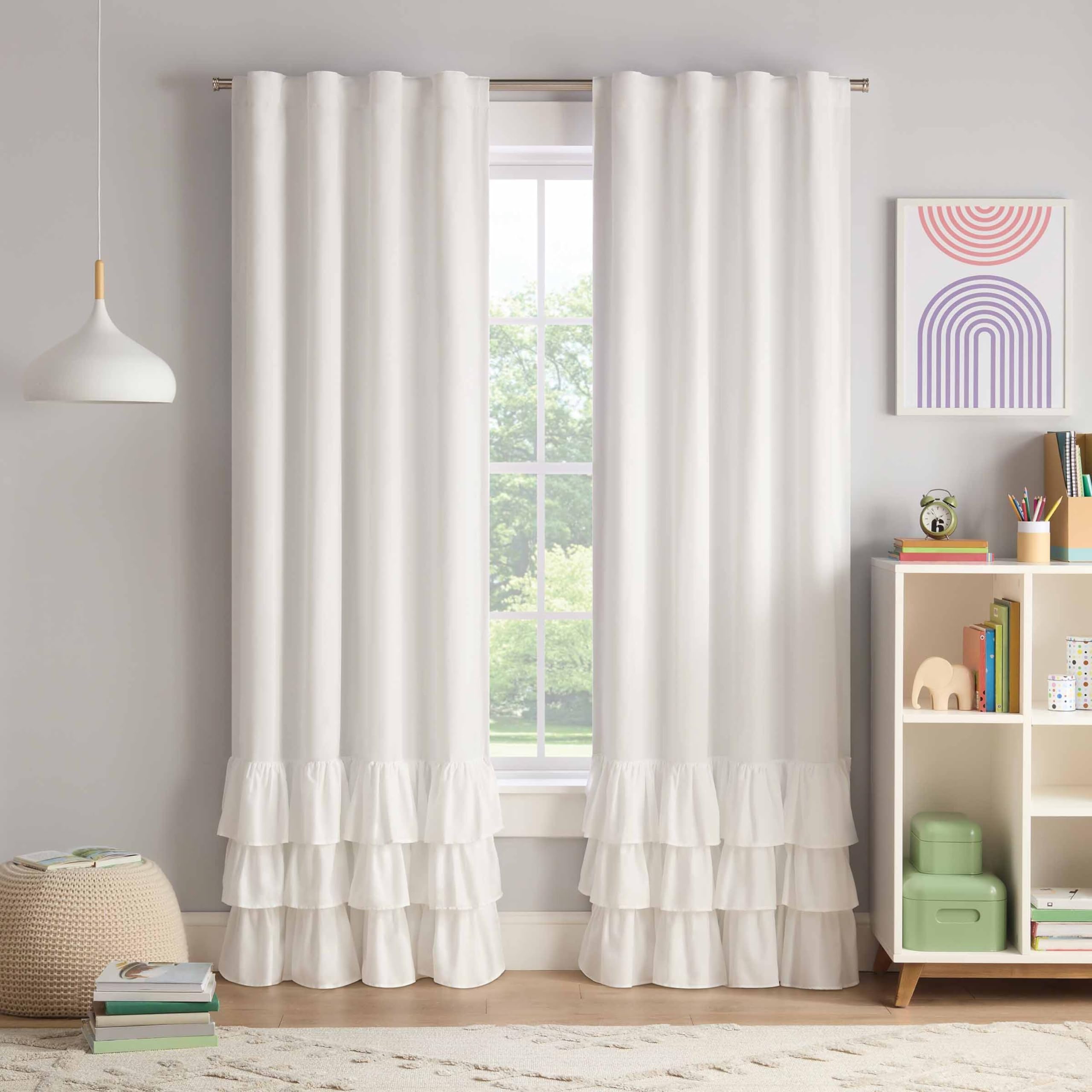 eclipse blackout curtain tiered ruffle kids curtain 84 in x 40 in thermaback 100 blackout curtain with rod pocket header curtain for kids room or playroom 1 window curtain white