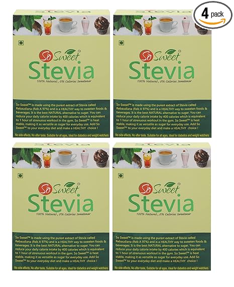 So Sweet Stevia Sachets Sugar free Natural Sweetener Zero Calories (Pack of 4) (50 Sachet Each)