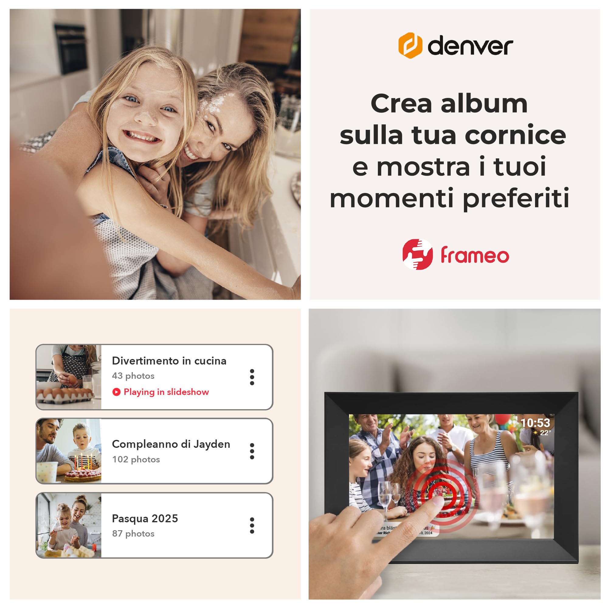 Cornice Digitale 10 Pollici WiFi – Schermo IPS Full HD 1920×1200 – Portafoto Digitale Frameo Denver per Foto e Video – Cornice Elettronica Touchscreen Smart – 16 GB Memoria – Slot microSD – Nera