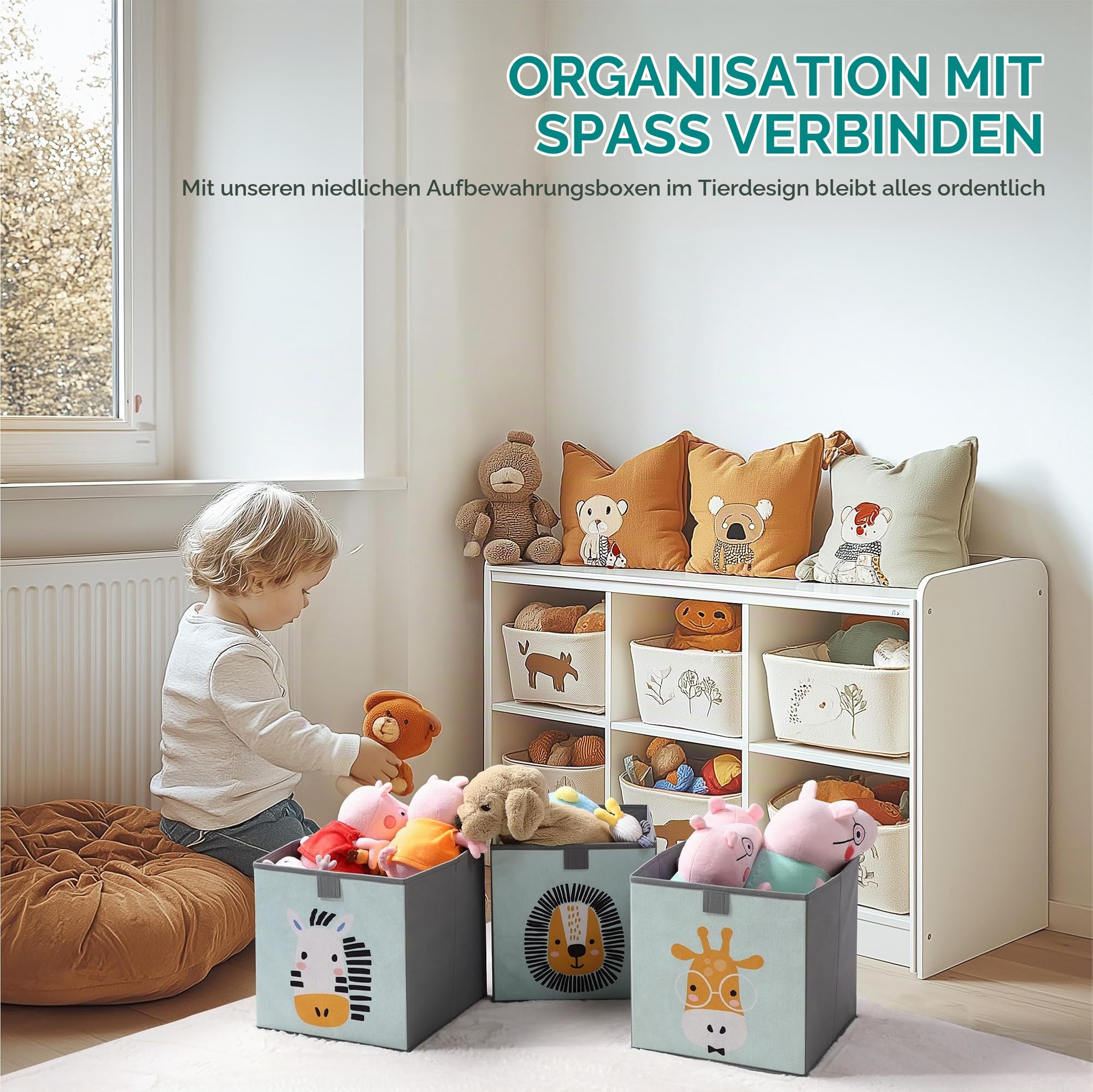 Navaris Kinder Aufbewahrungsbox 3er Set - Regal Aufbewahrung 28 x 28 x 28 cm Spielzeugkiste - 3x Spielzeug Box faltbar für Kinderzimmer - Tier Motiv Kisten mit Griff