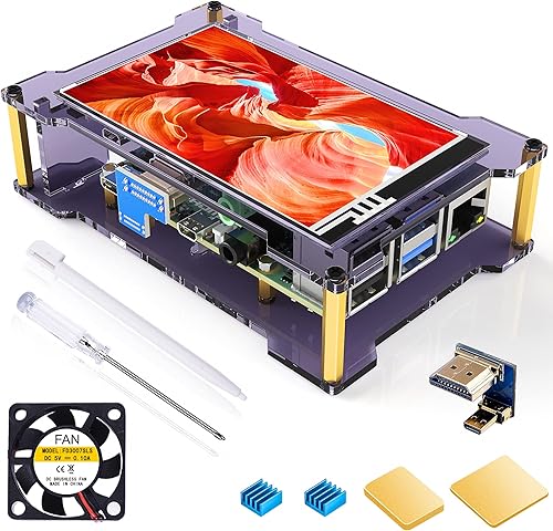Miuzei Raspberry Pi 4 Pantalla táctil con ventilador de funda, pantalla LCD IPS de 4 pulgadas, monitor HDMI 800 x 480 para RPI 4b 8 gb/4 gb/2 gb con
