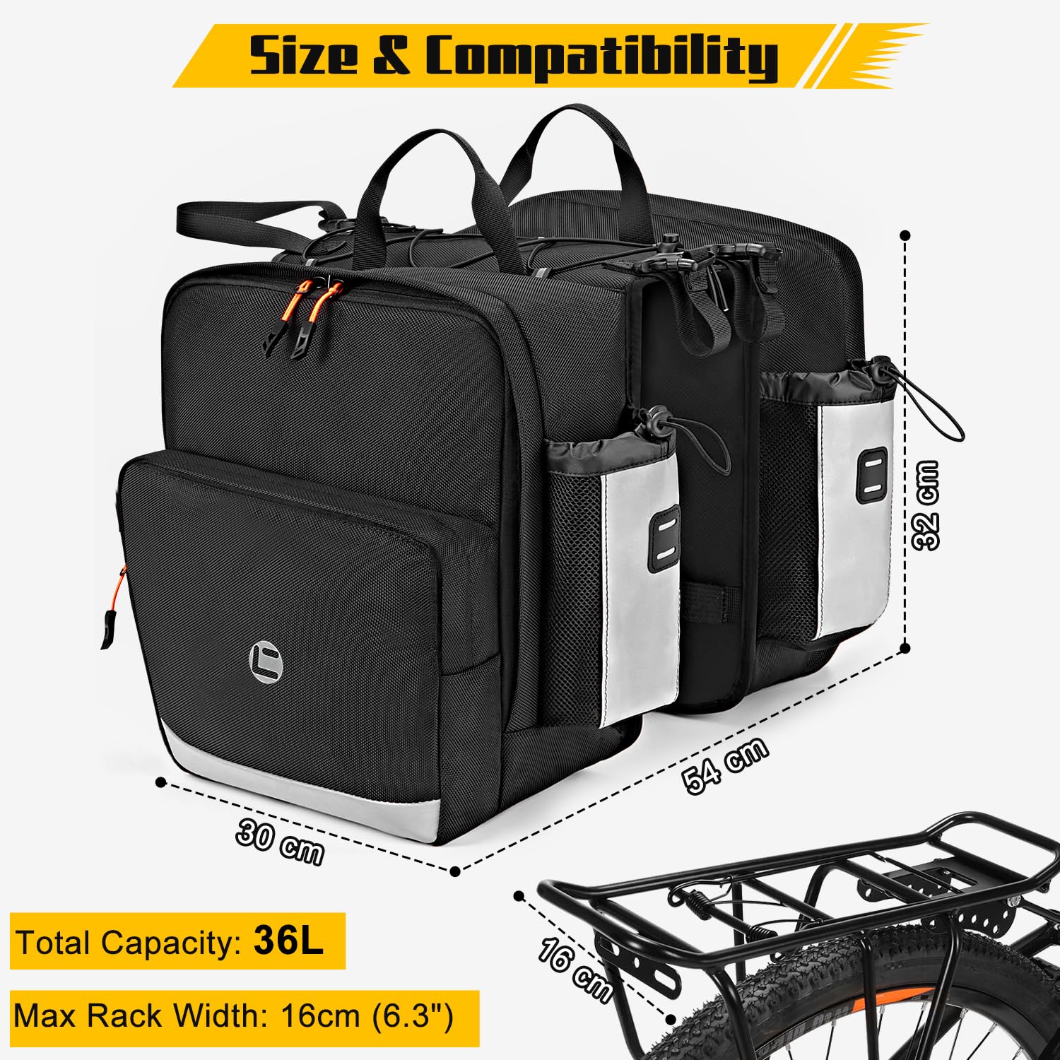 WOTOW Borsa da bici laterale - Borsa posteriore da 36L resistente all'acqua per portapacchi bici con strisce riflettenti e manici, borse da sella per bicicletta elettrica per ciclismo