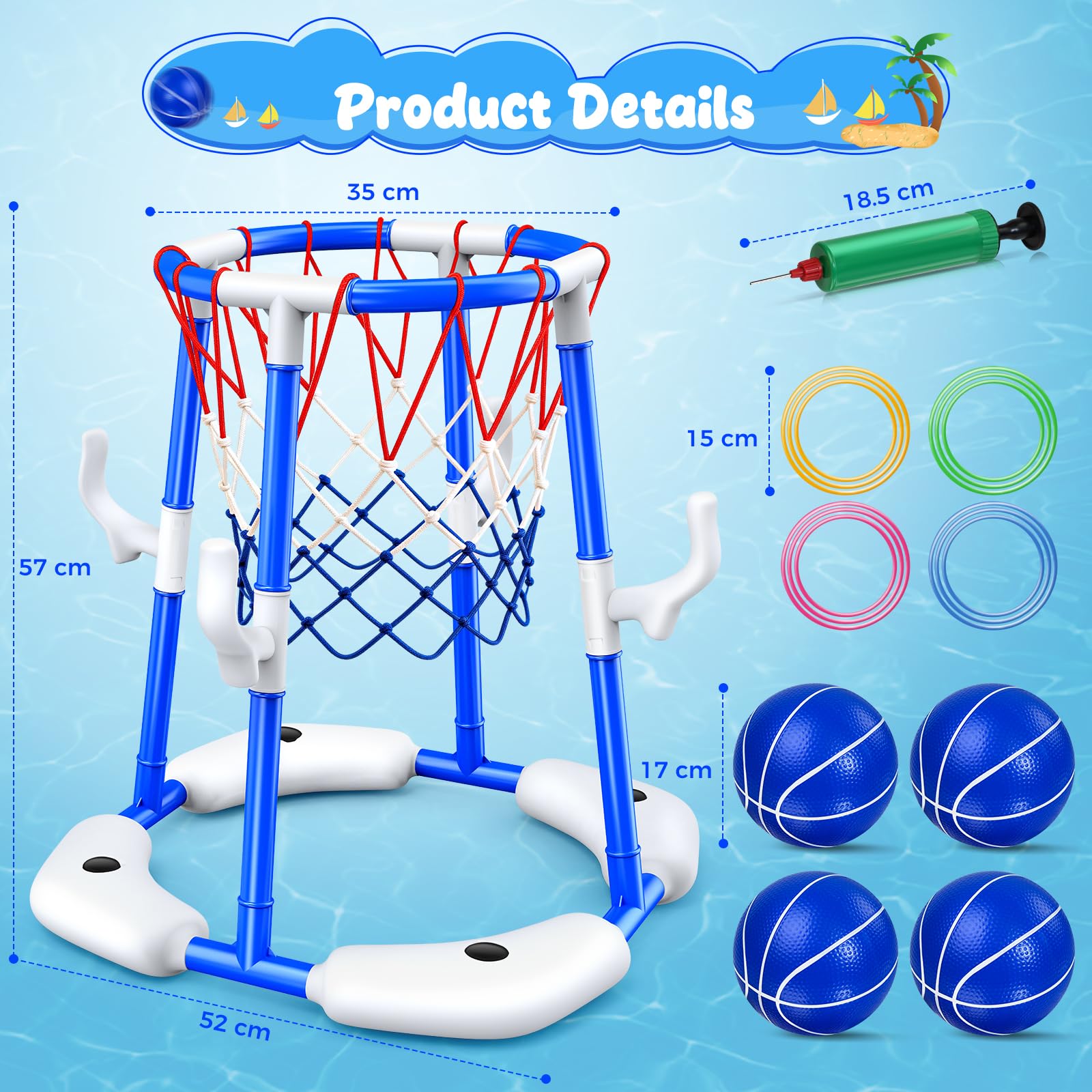 HaoVrisn Canestro Basket Piscina per Bambini, Giochi Piscina Bambini con 4 Palloni Galleggianti, 12 Anelli e Pompa, Giochi Acqua Bambini-Giocattolo Acqua Estivo per Feste in Piscina e Giardino