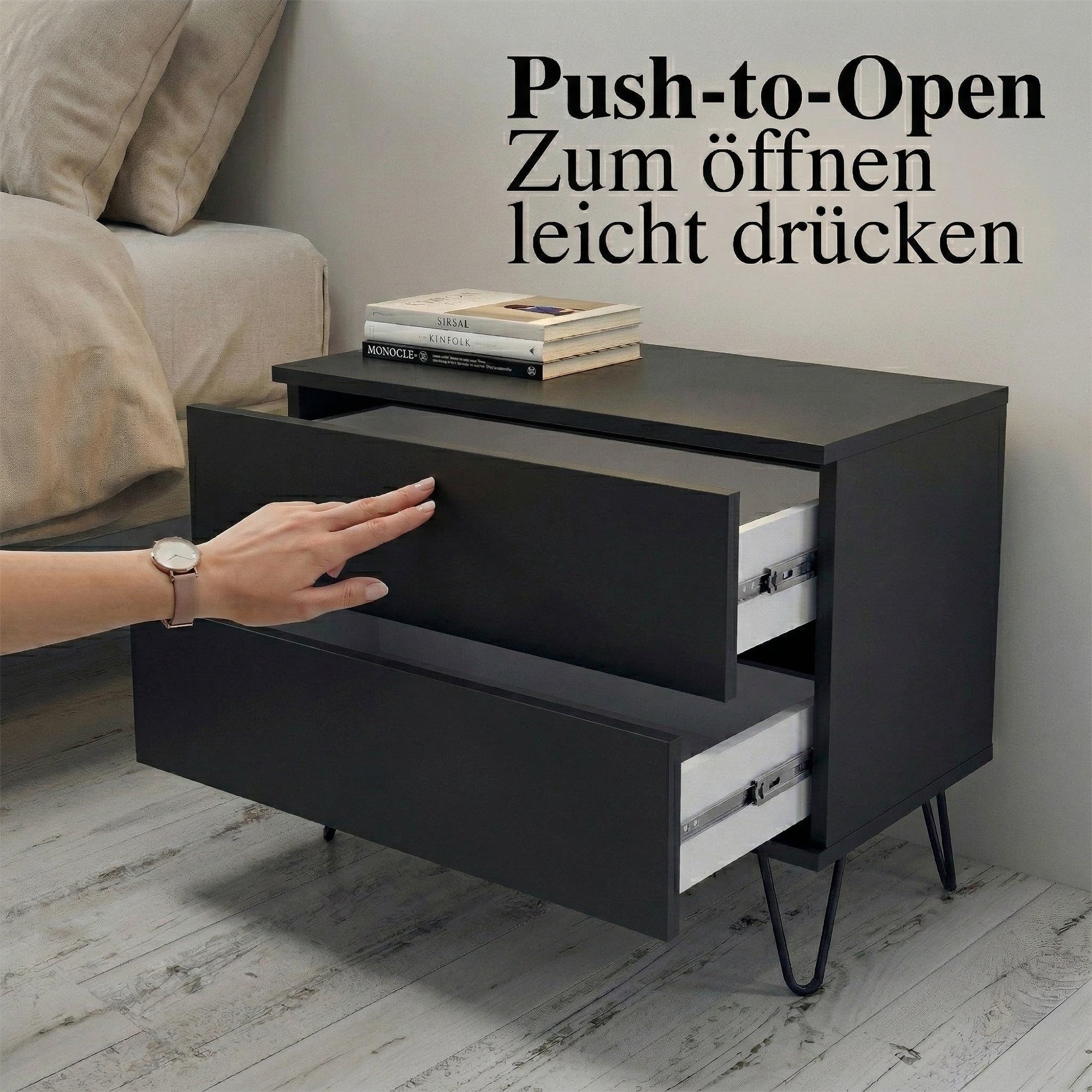 Nachtschrank Aura, Moderner Nachttisch mit Push-to-Open, Made in Germany, optional hängend Beistelltisch, Schlafzimmer, Schwarz matt (60 x 43 x 35 cm)