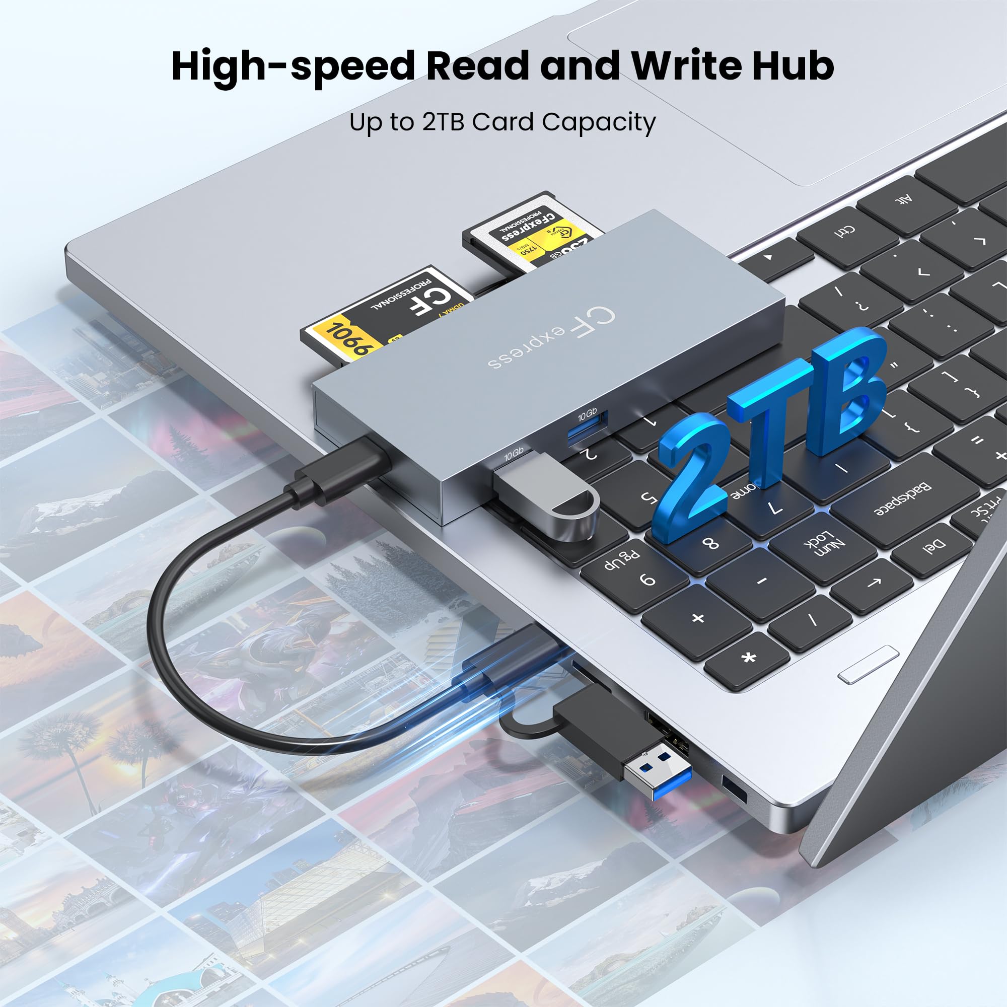 8-en-1 Lecteur de Carte CFexpress Type B USB-C & USB-A 3.2 Gen 2 10Gbps Adaptateur de Cartes Multiples pour CFe B/CF/XD/MS/TF/SD Compatible avec Windows/Mac/Linux/Android, Shell en Aluminium, Gris