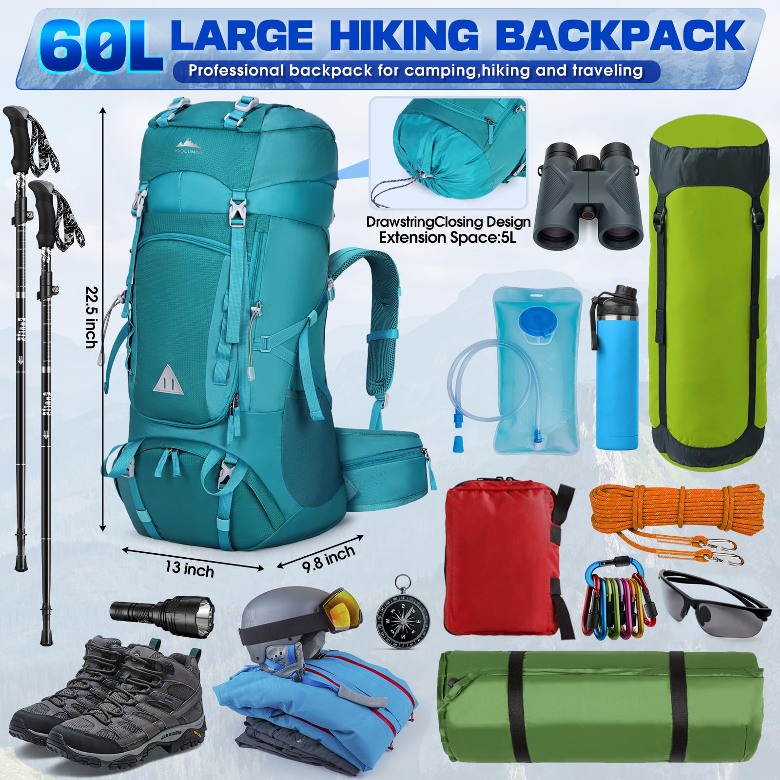 IGOLUMON Sac à Dos Randonnée 60L avec Housse de Pluie pour Homme Femme - Trekking, Camping, Pédestre, Voyage et Alpinisme