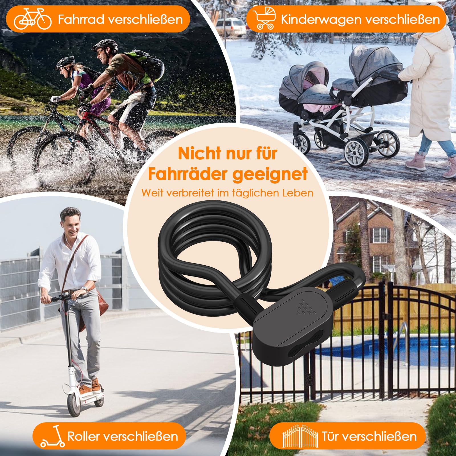 Anweller Lucchetto per bicicletta con impronte digitali con 2 chiavi, lucchetti per cavi, alta sicurezza, anti-furto, con supporto, impermeabile, 12 mm x 150 cm