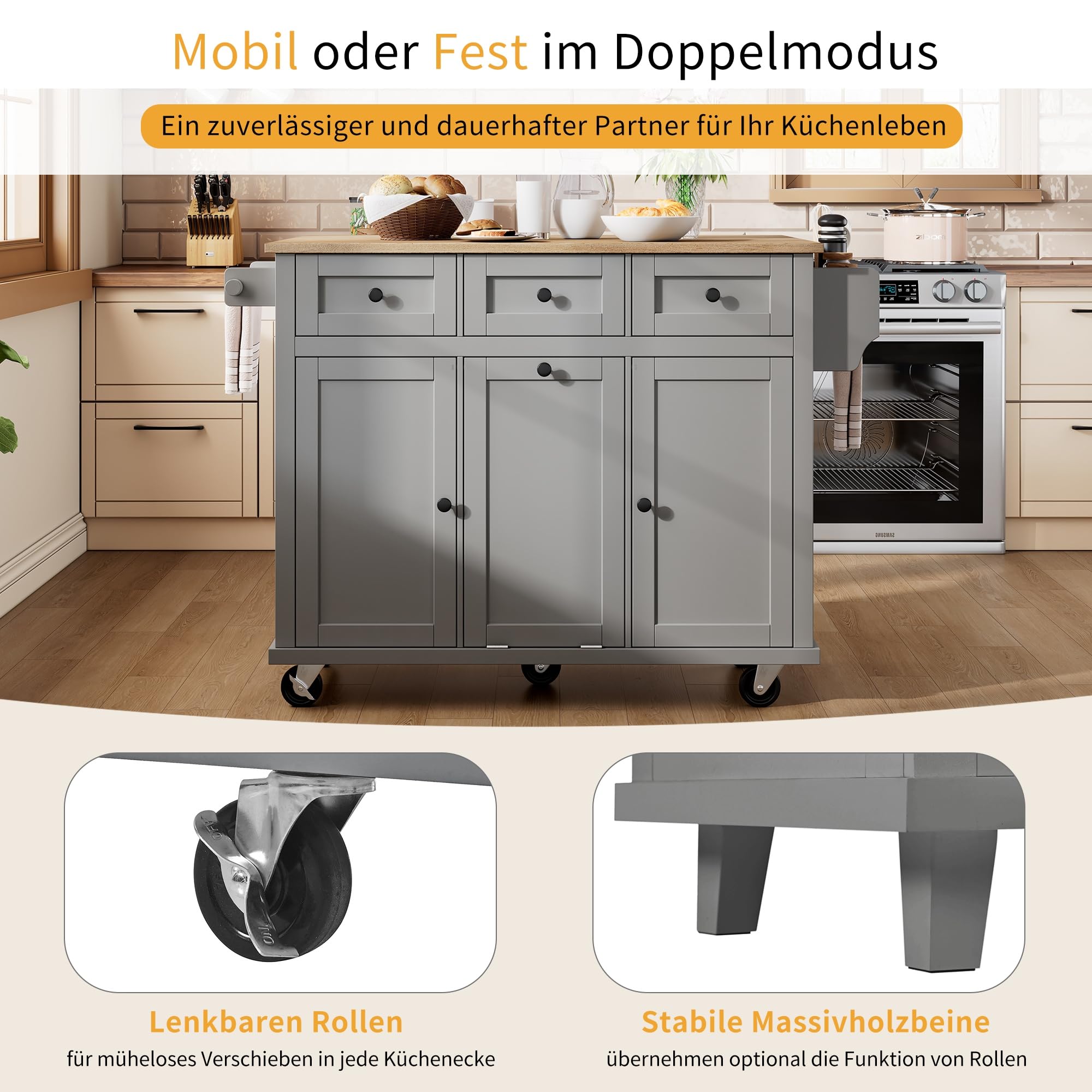 Kücheninsel mit Rollen, Ausziehbarer Essbereich mit Abfallbehälterfach und Schubladen, Mobile Kücheninsel für Küche und Esszimmer (Grau)