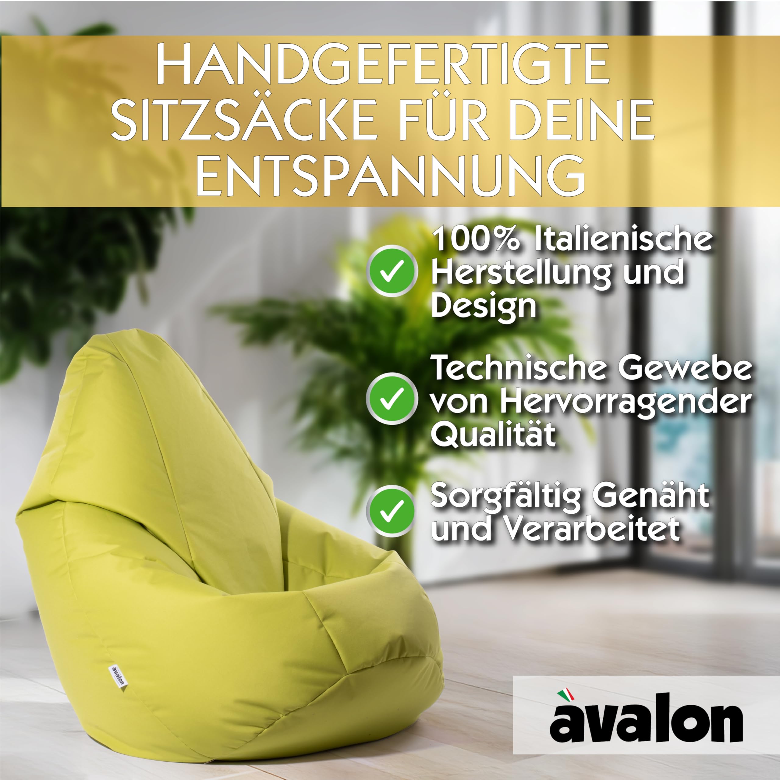 Avalon - Sitzsack Erwachsene L Jive, Bean Bag aus Reißfestem Technischem Gewebe, Ergonomischer Gaming Sitzsack mit Füllung, Komfortable Moderne Sitzsäcke, Made in Italy (80x80x125cm, Giftgrün)