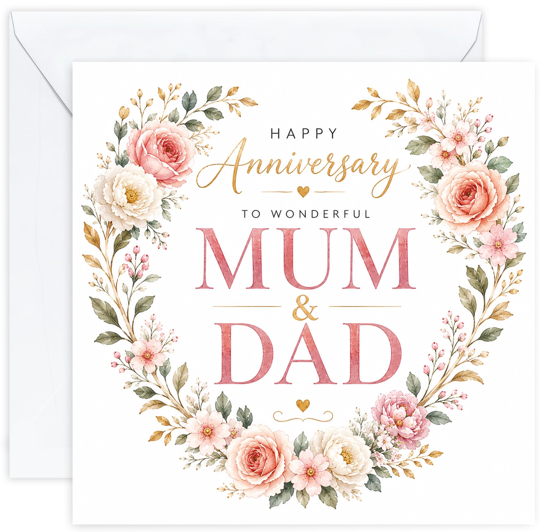 Anniversary Card for Mum and Dad | Luxury Floral Wreath Wedding Anniversary Card for Parents | Happy Anniversary Mum & Dad Card with Optional Printed Inside Message (Design 05)