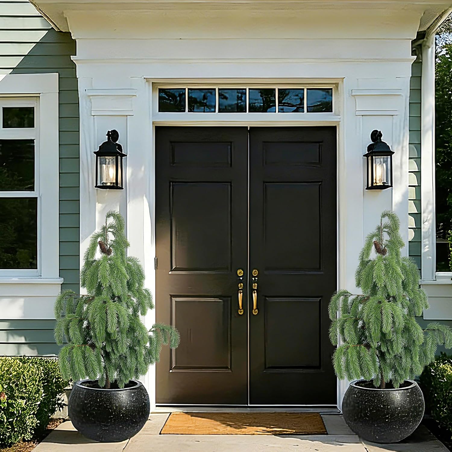4FT Artificial Norfolk Pine Potted Tree, Real Touch Faux Christmas Greenery, 48in Black Pot, for Outdoor Front Porch, Entryway & Year-Round Home Decor, 2-Pack