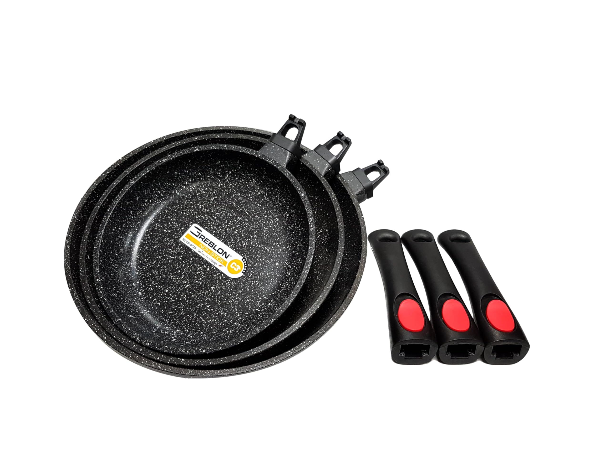Lot de 3 Poêles Façon Pierre sans PFOA Diamètre : 20/24/28 cm Tous Feux dont Induction Cuisson sans Matière Grasse Revêtement en Greblon C3 ou C3+ de Technologie Allemande (Revêtement C3+)