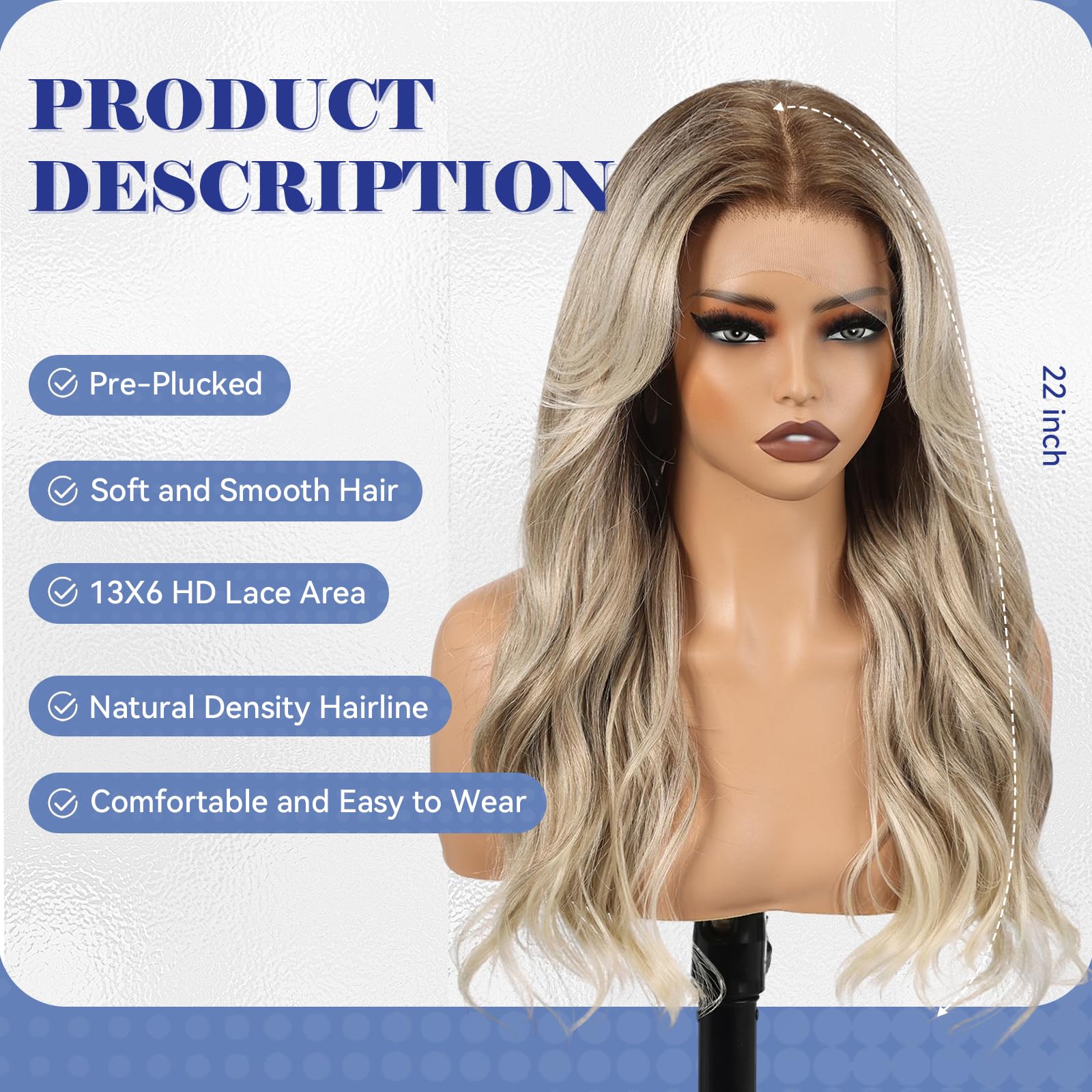 HAIRCUBE 13x6 HD Lace Front Perücke, 22 Zoll, synthetisches Ombré-Aschblond, lange Wellen, gestuft, kleberlos, für Damen, natürlicher Look, alltagstauglich