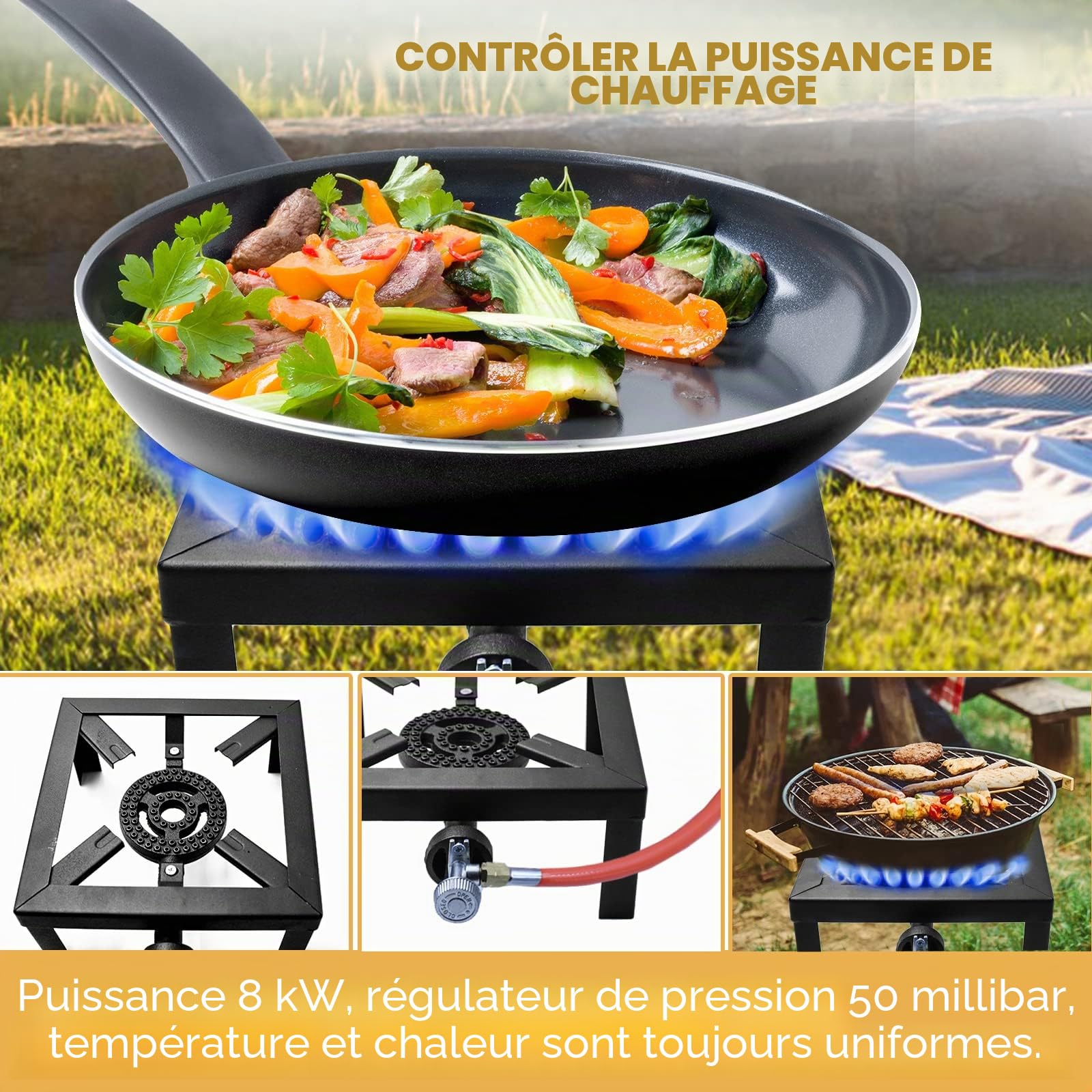 Réchaud à gaz portable 8KW pour camping en plein air 25 x 25 x 11 cm, réchaud de camping à gaz, avec tuyau de propane de 150 cm et régulateur de pression de gaz 50 mbar à débit constant