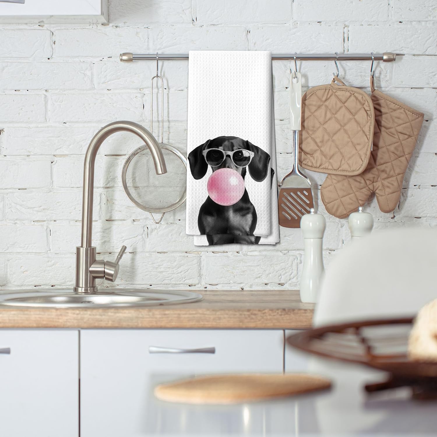 Funny Dachshund Pink Bubble Bar Kitchen Towel, Funny Kitchen Decor, Dachshund Gifts for DogLovers Women, Black and White Dog Lovers Owner Gifts Hand Towel, Tea Towel Dish Towels 16x24 Inch - Image 4