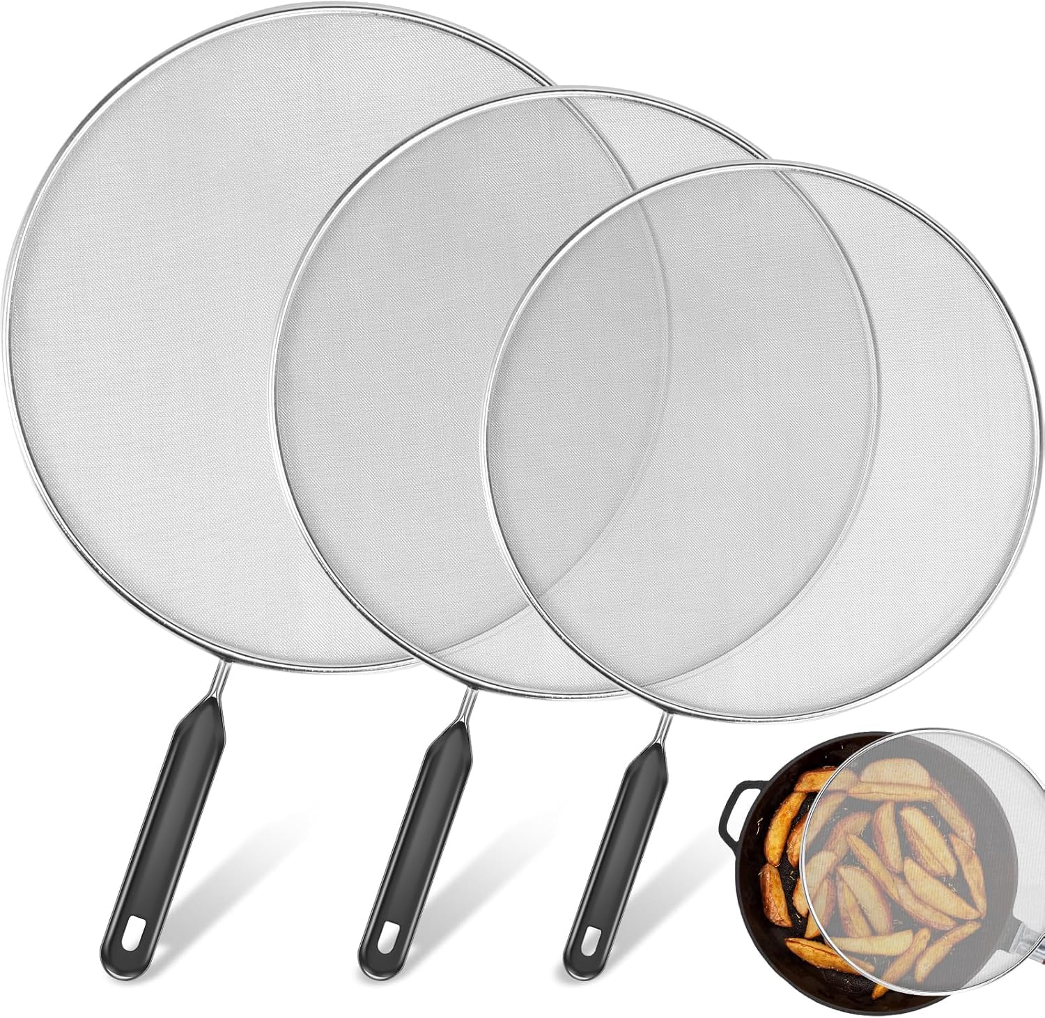 3Pcs Splatter Guard with Handle, 9.8 in+11.4 in+13 in Stainless Steel Mesh Splatter Screen Splash-Proof Oil Splatter Guard Temperature Resistant Splatter Cover for Cooking Frying Pan-image-7