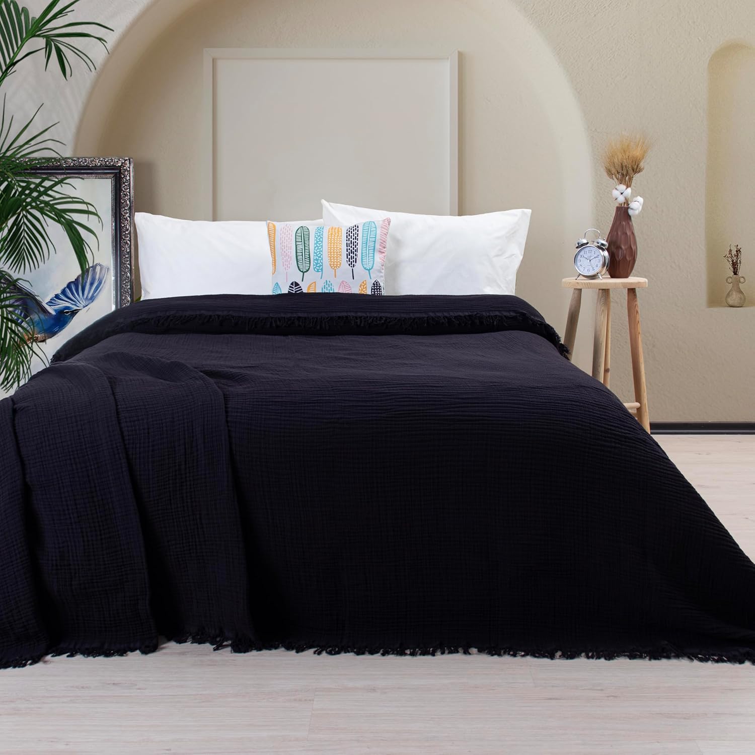 PÜSKÜL- Premium 100% Turkish Cotton Muslin Blankets Queen XL Size for Bed Couch Sofa, Airy Light Soft Gauze Throw Blanket for Adults, Made in Turkey (Black, Queen XL Size 95" x 102" inch)