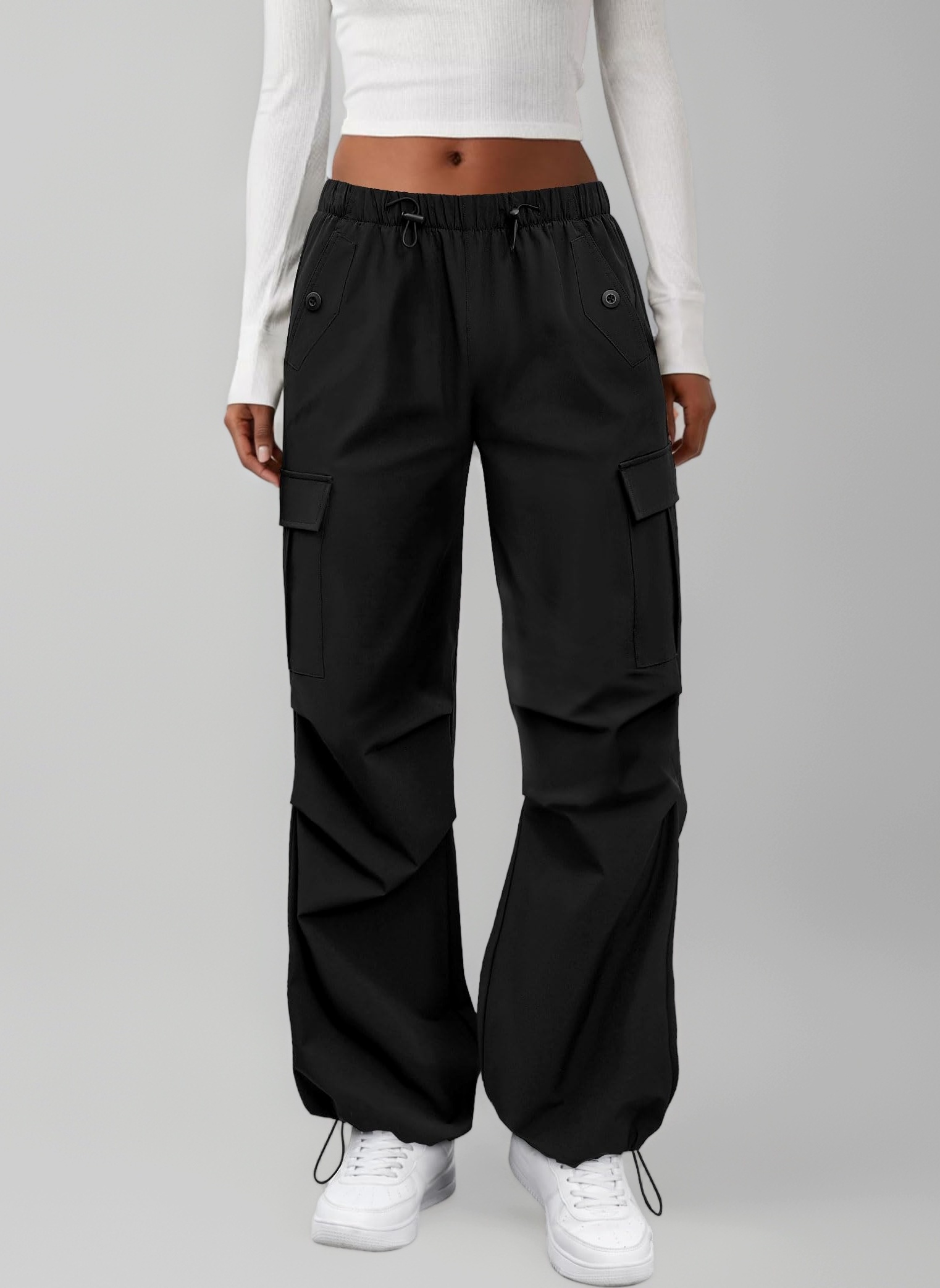 Cargo Pants Women Elastic Waisted Parachute Hiking Pants with Pockets Water-Resistant Lightweight Baggy Pants