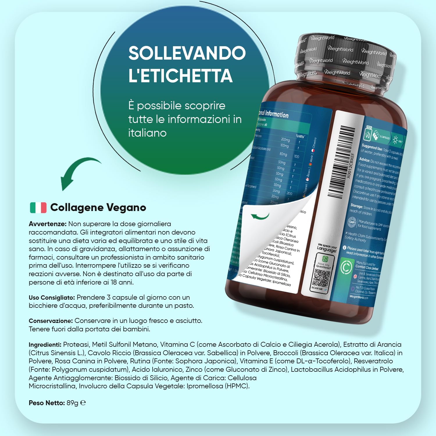 Collagene Vegano con Acido Ialuronico, 180 Capsule, Collagene Complex con Vitamina C, E, Zinco, Resveratrolo, MSM, Rosa Canina, Lactobacillus Acidophilus (500 Milioni di CFU), Senza Magnesio Stearato
